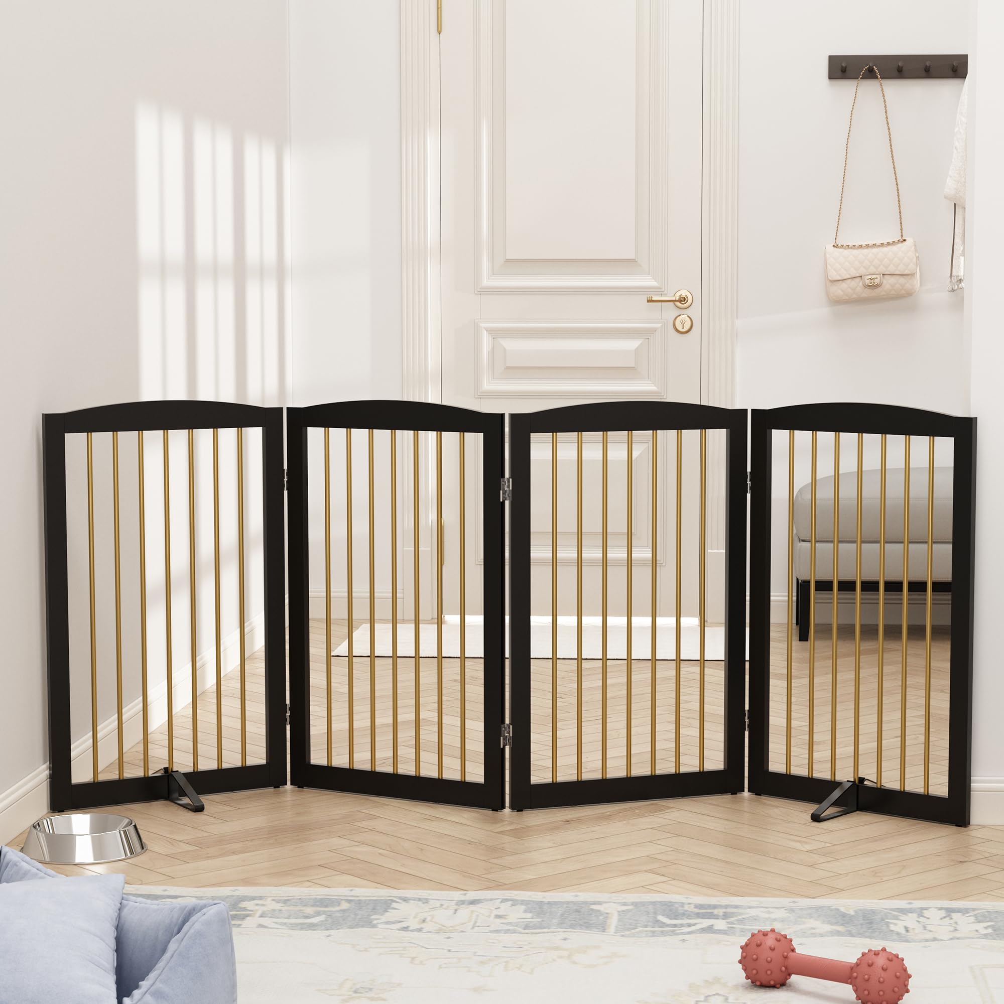 PUPETPO Freestanding Pet Gate for Dogs, Indoor Wooden Dog Gate for House, Foldable Dog Gate for Doorway, Stair, Step Over Pet Pu