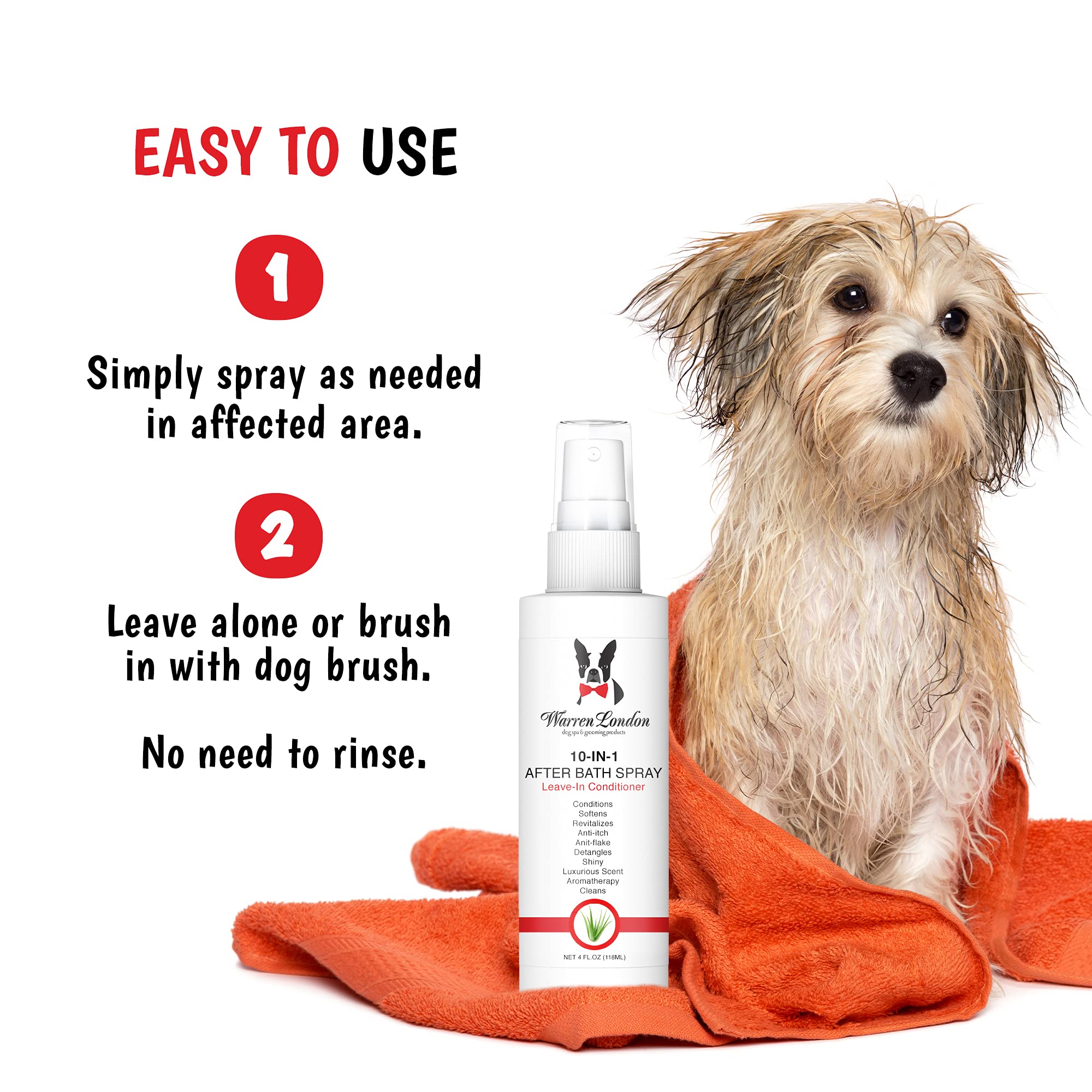 Warren London 10-In-1 After Bath Dog Spray 16Oz Bundle With Dematting Rake Brush | Dog Leave In Conditioner And Detangler Spray With Dog Grooming Brush