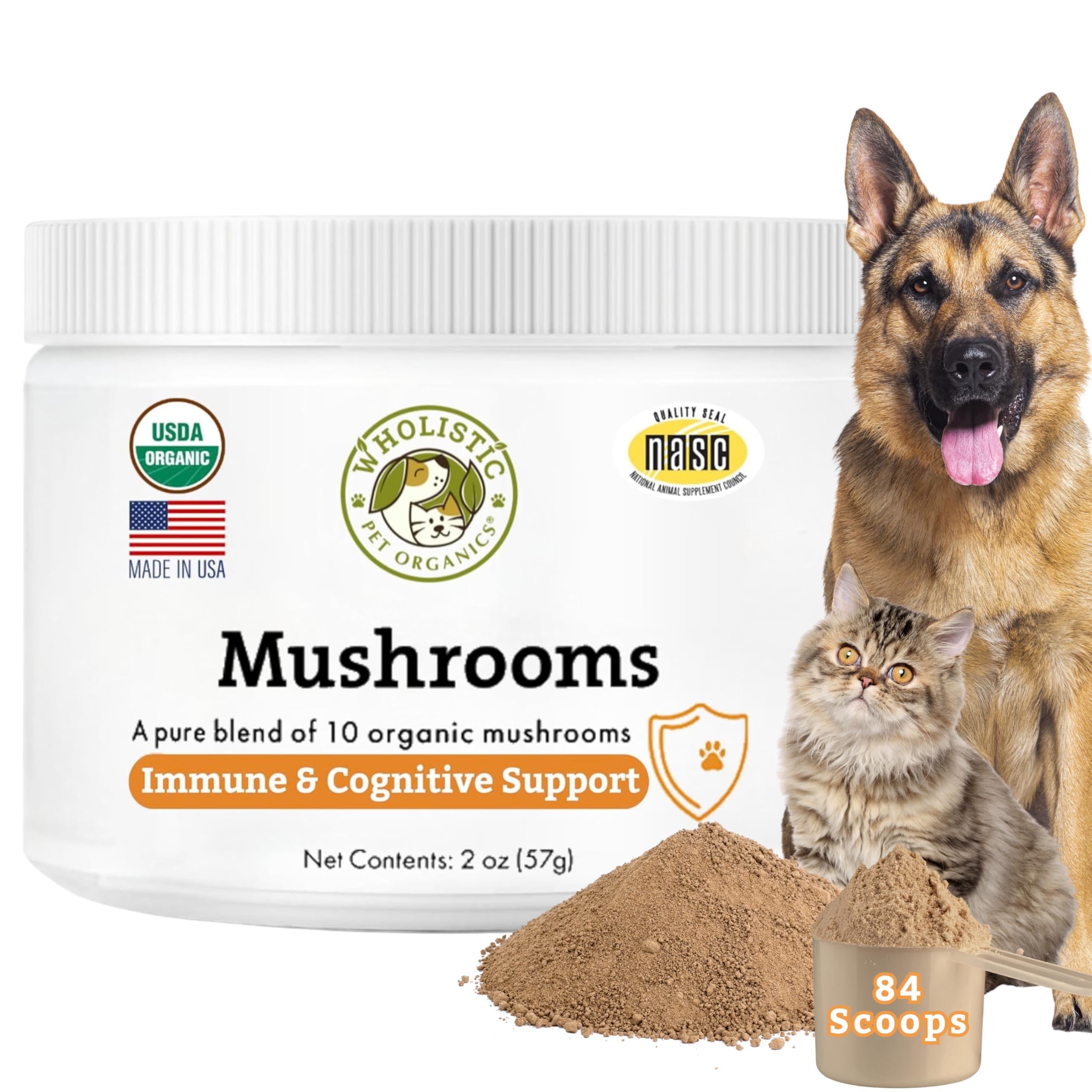 Wholistic Pet Organics Mushrooms for Dogs & Cats - Cognitive & Immune Support with Turkey Tail Mushroom for Dogs - USDA Organic 