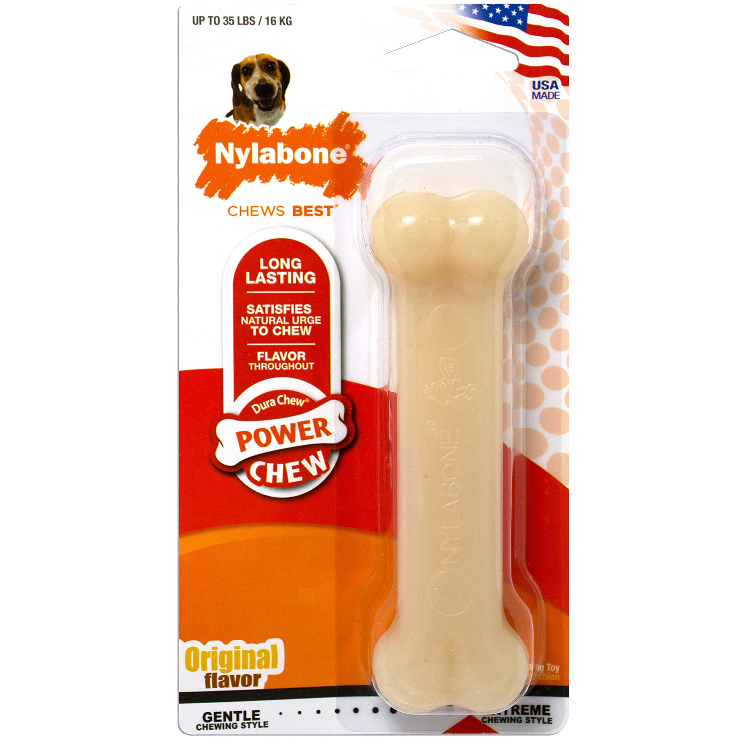 Nylabone Power Chew Classic Bone Chew Toy For Dogs, Durable Dog Toys For Aggressive Chewers, Original Flavor, Medium/Wolf - Up To 35 Lbs. (1 Count)
