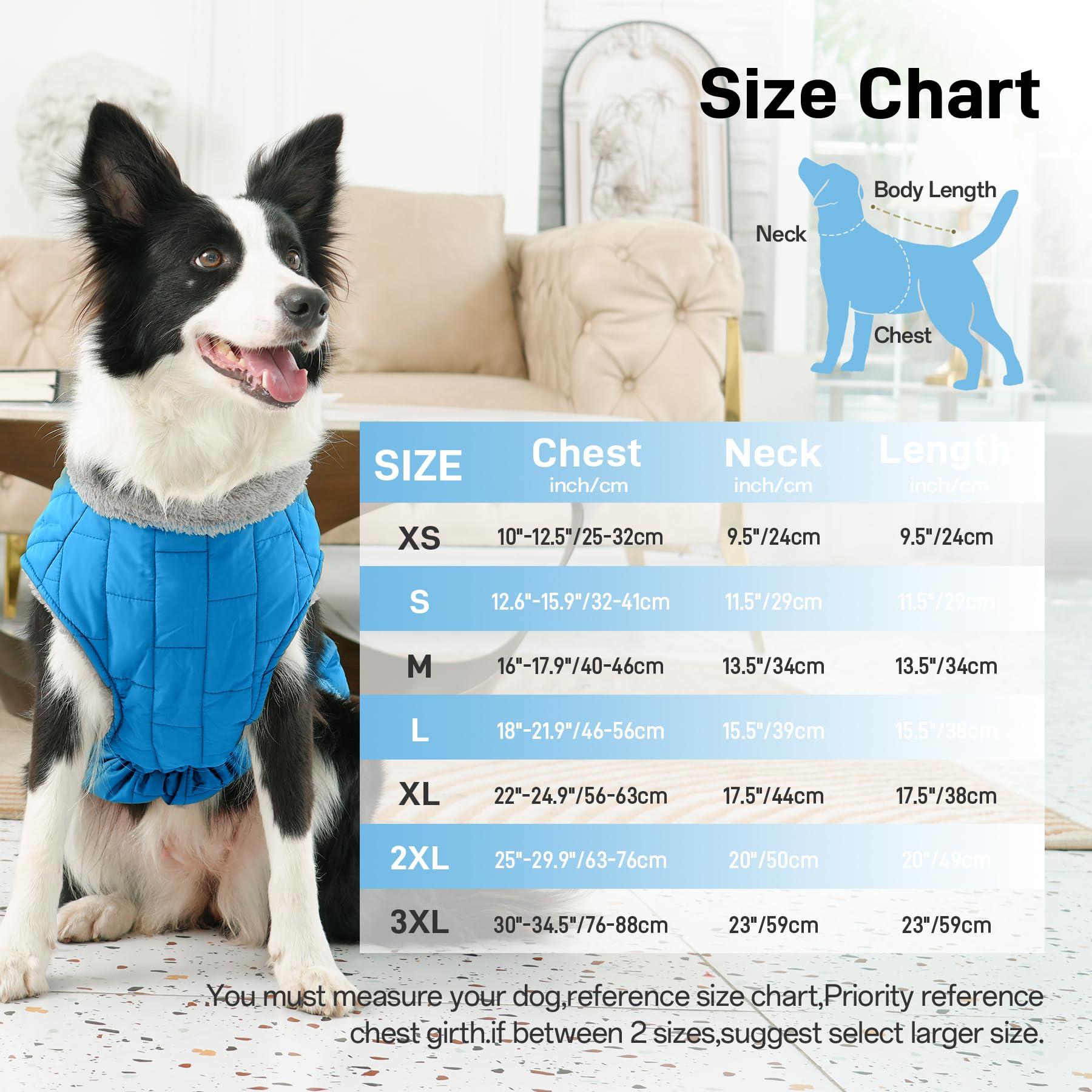 JoyDaog Warm Fleece Dog Coat with Built-in Harness, Waterproof, XXX-Large, Light Blue