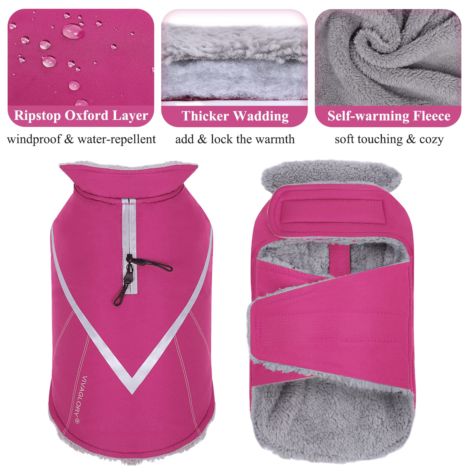 VIVAGLORY Winter Jacket for Dogs, Warm Dog Cold Weather Coats Lightweight Fleece Lining, Dog Coats with Adjustable Chest, Dog Fl