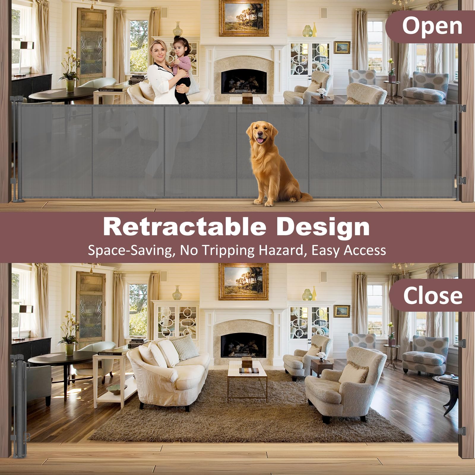 Reinforced 41'' Extra Tall Retractable Baby Gates Extra Wide Dog Gate 150'' Retractable Pet Gate with Support Rods, Indoor Mesh