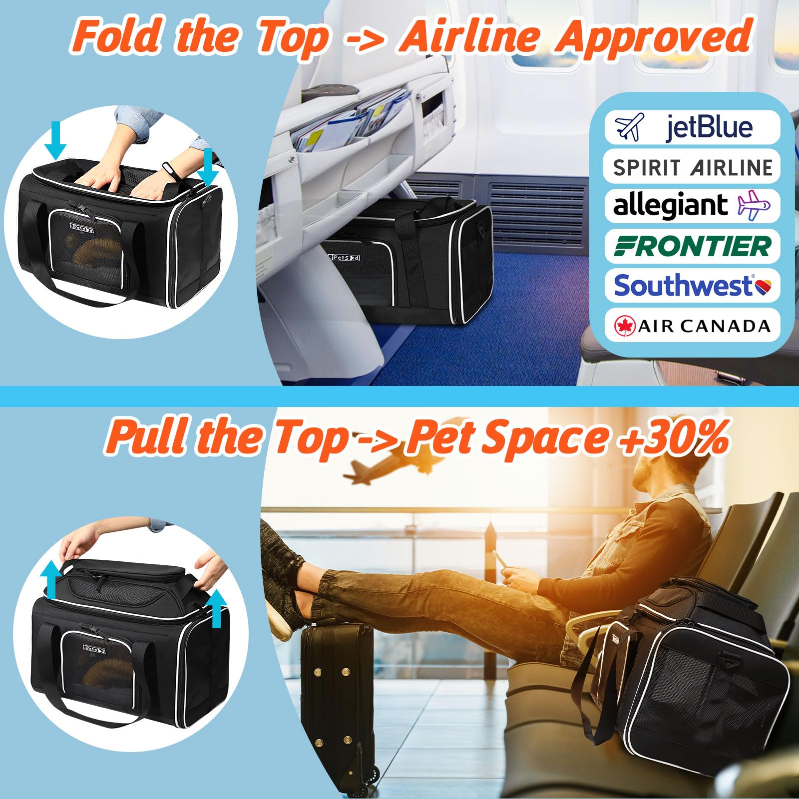 Petskd Top-Expandable Pet Carrier 17X12X8.5 Inches Jetblue Frontier Spirit Airline Approved, Soft-Sided Carrier For Small Cats And Dogs With Locking Safety Zippers And Anti-Scratch Mesh(Black)