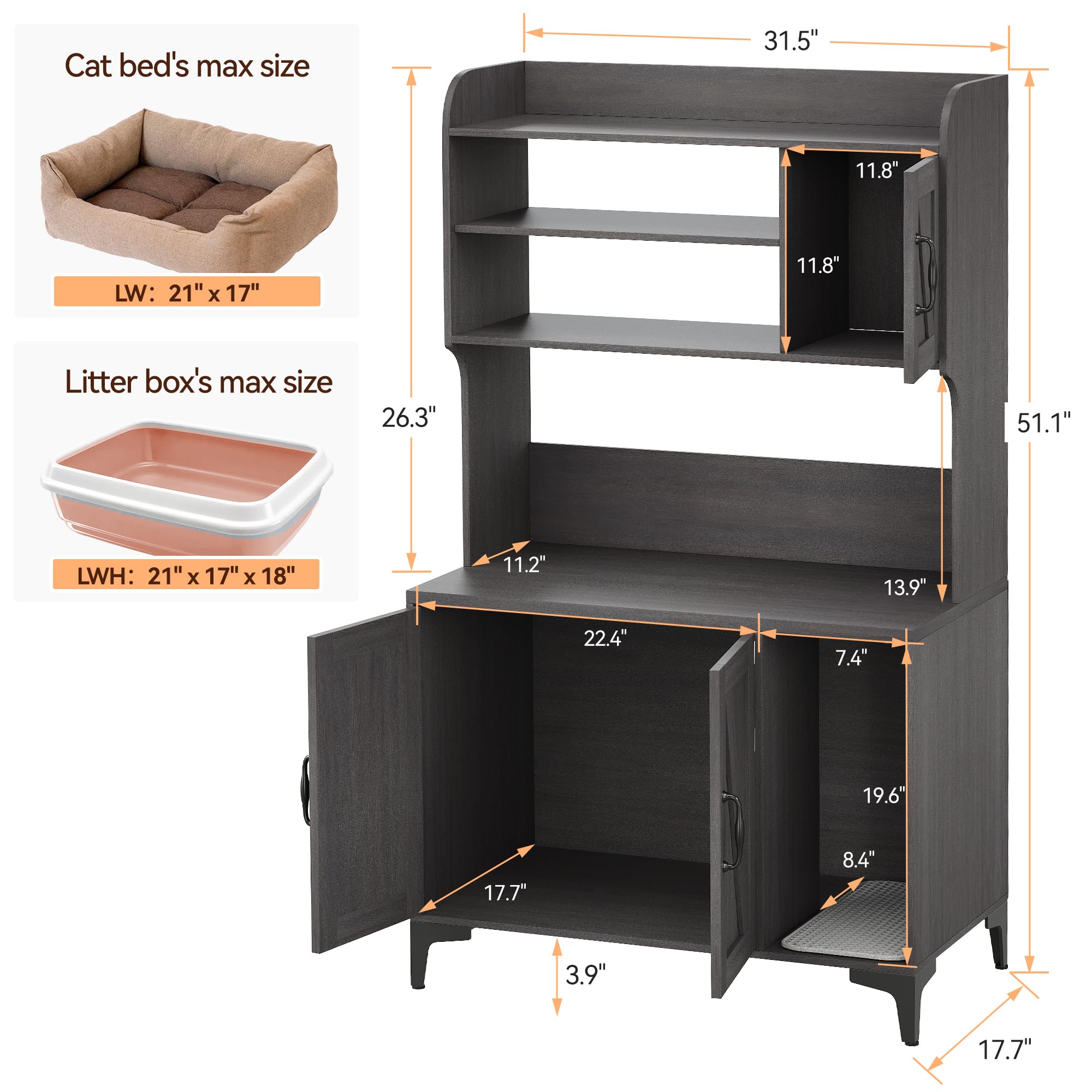 IDEALHOUSE Cat Litter Box Enclosure with Shelves and Doors,Wood Sturdy Hidden Litter Box Furniture,Indoor Cat House Furniture fo