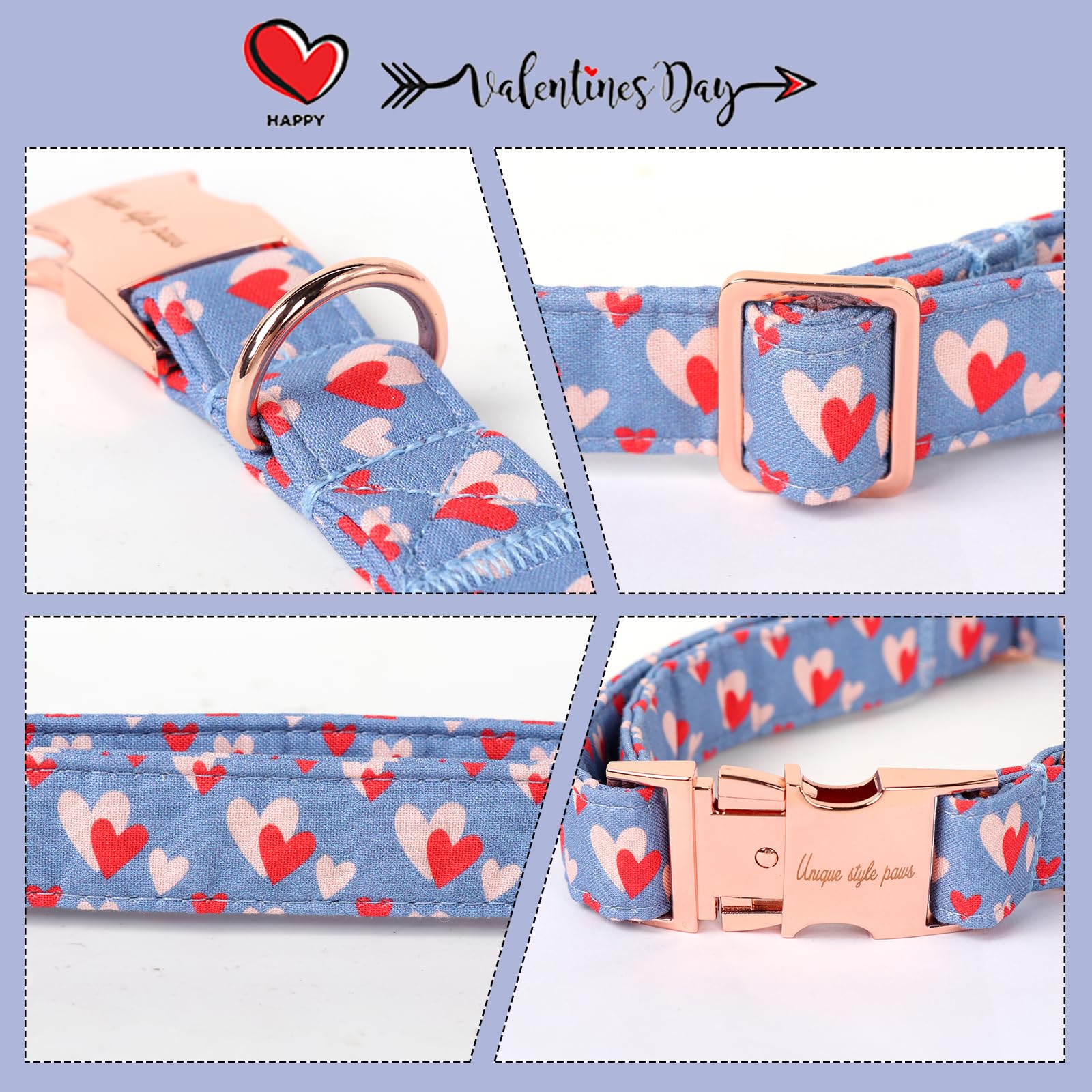 Unique Style Paws Valentine'S Day Dog Collar Metal Buckle Collar Blue Pink Love Heart Gift For Small Medium Large Boys Girls Dogs Wedding