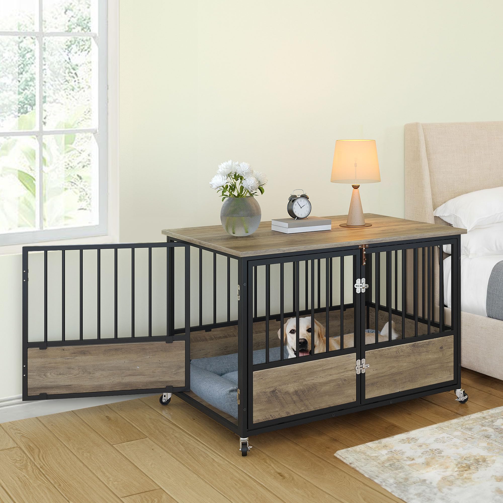 YITAHOME 43.3 Dog Crate Furniture with Wheels, Heavy Duty Wood Dog Cage Table with Double-Doors Chew-Resistant Wooden Dog Kennel