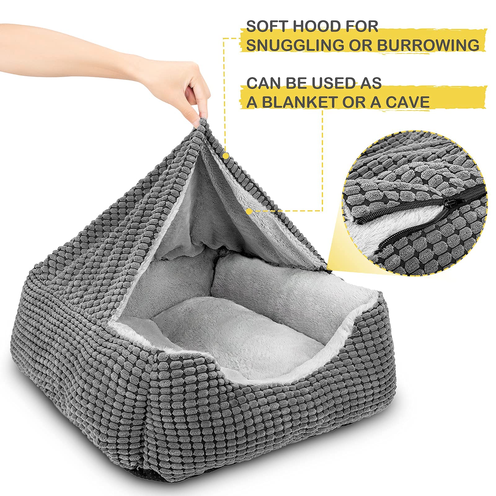 Gasur Dog Beds For Large Medium Small Dogs, Rectangle Cave Hooded Blanket Puppy Bed, Luxury Anti-Anxiety Orthopedic Cat Beds For Indoor Cats, Warmth And Machine Washable (20 Inches, Grey)