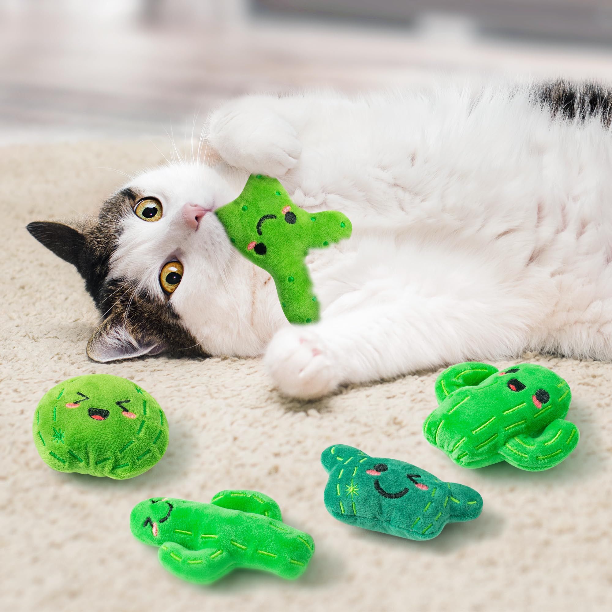 Mallmall6 Catnip Toys For Cat - 5Pcs Cactus Prickly Plants Catmint Interactive Kitten Toy For Indoor Cats, Cute Soft Green Pet S