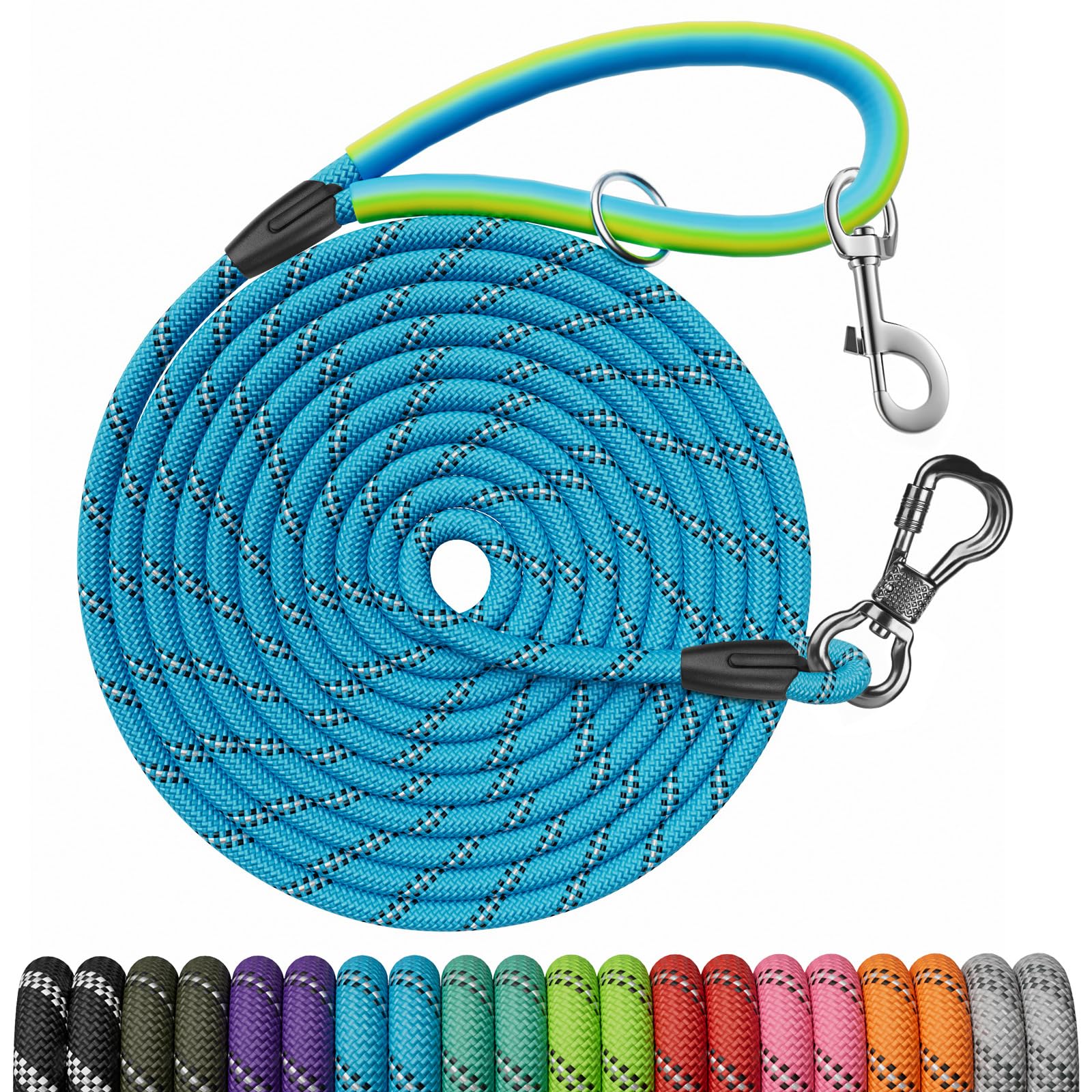 Ntr Training Leash, 30Ft Blue Check Cord Rope Lead, With 2 Swivel Hooks, Reflective Threads And Comfortable Handle, Puppy Leash 