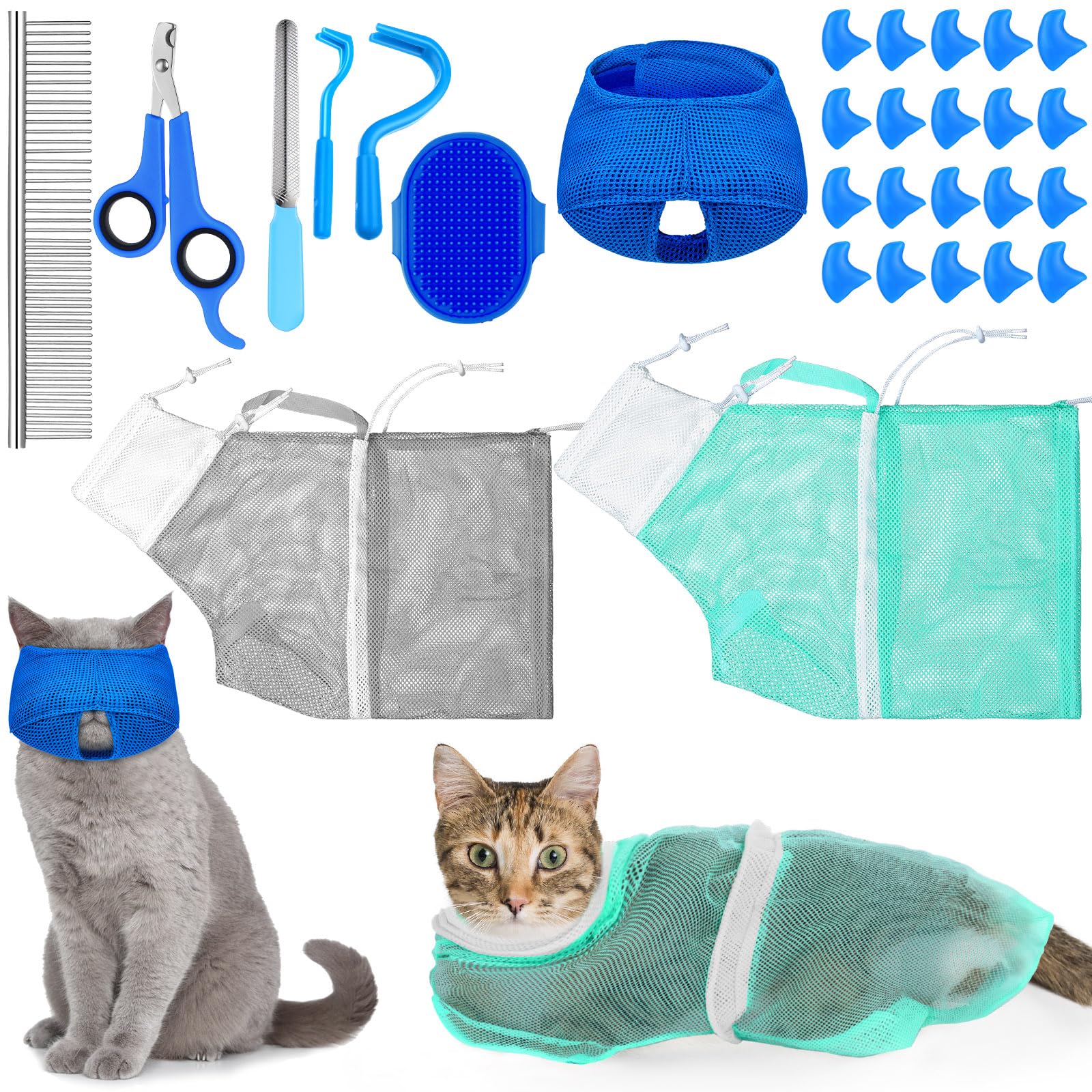 Kritkin 10 Pcs Cat Bathing Bag Set Pet Mesh Shower Bag Anti Bite and Scratch Pet Grooming for Washing Brush, Cat Muzzle, Nail Cl