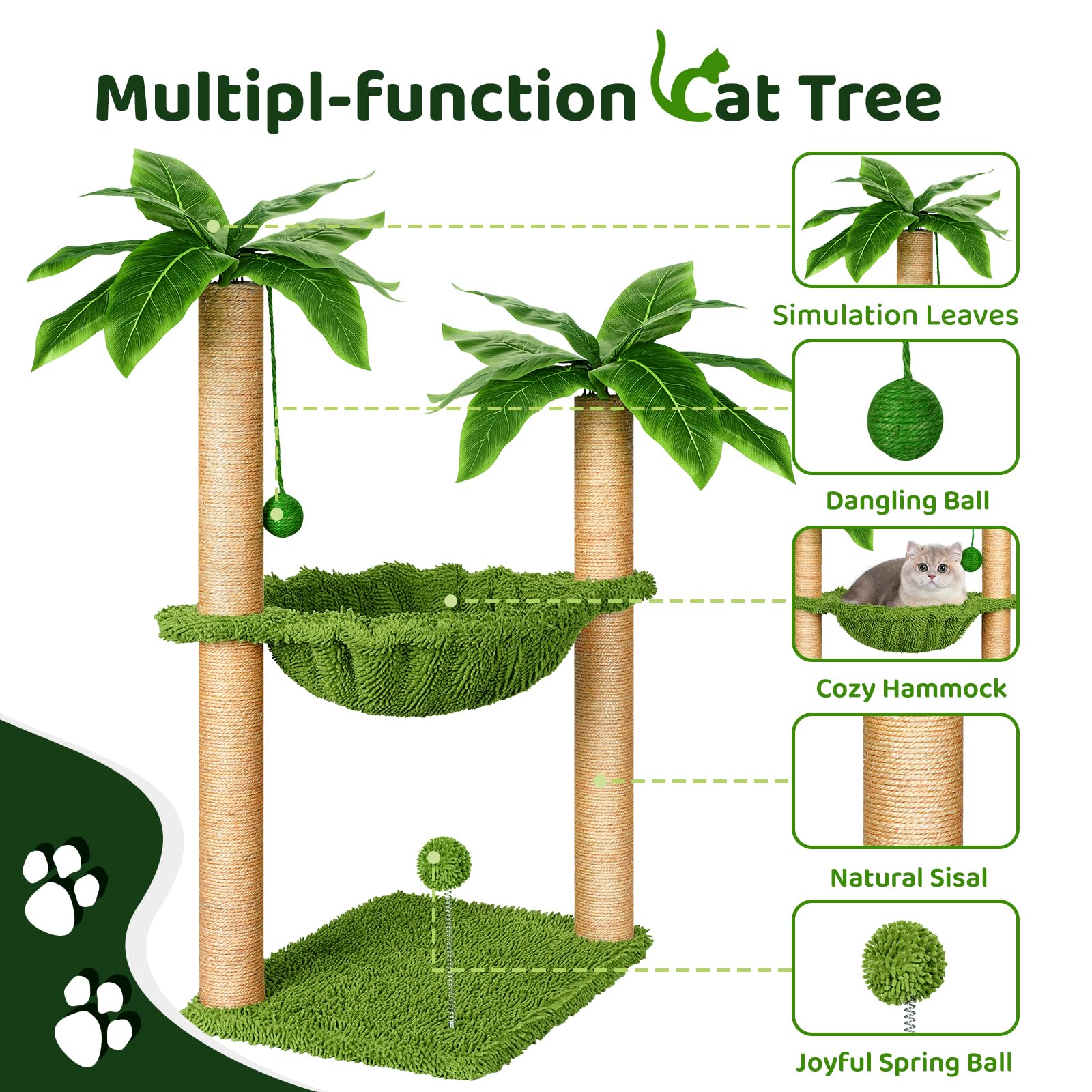 Dohump Cat Tree With Hammock And Premium Sisal Scratching Post,Activity Dangling Ball And Spring Ball For Indoor Kittens/Cats