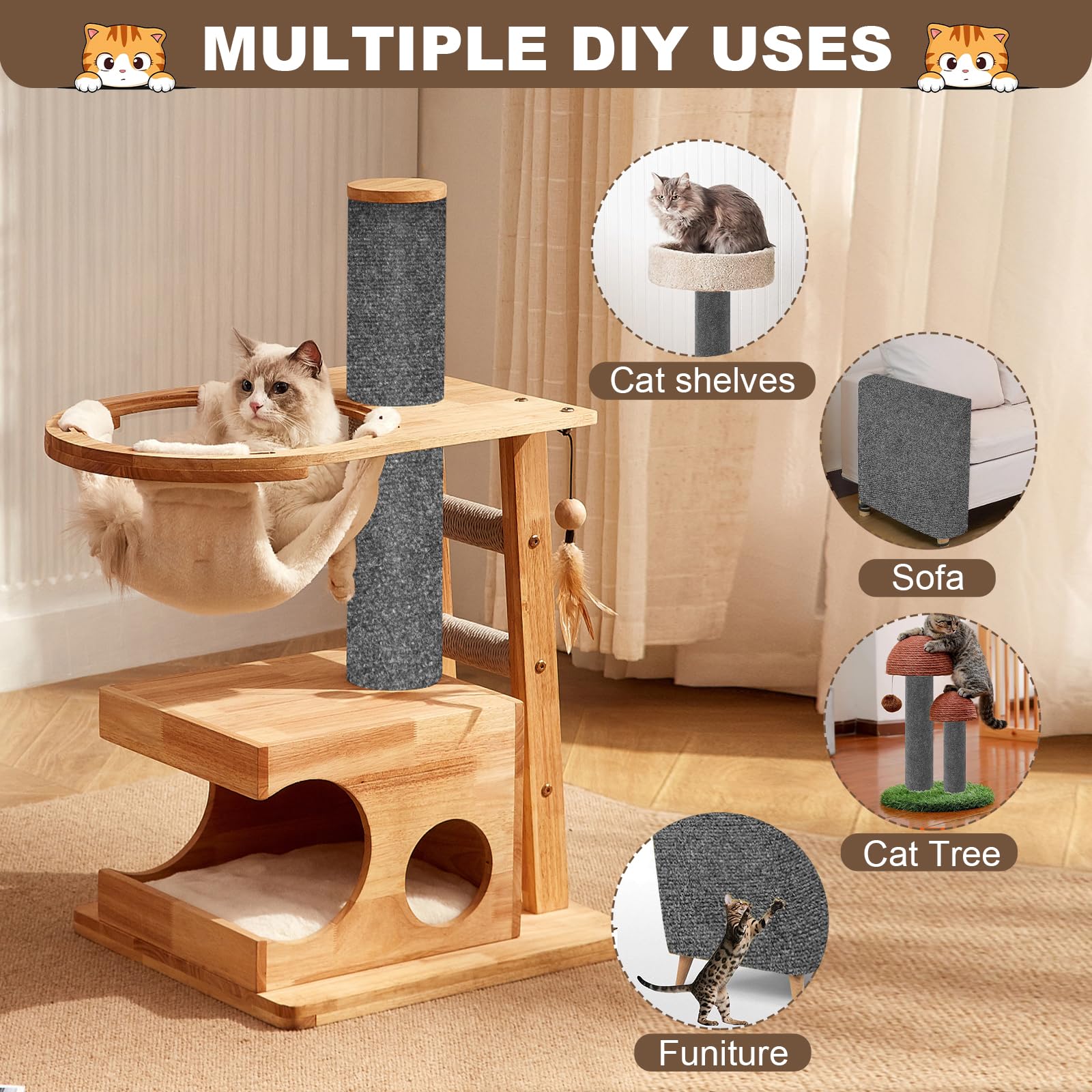 Cat Scratch Furniture Protector, 78.7''X15.8'' Cat Scratching Mat, Trimmable Self-Adhesive Cats Claws Scratch Pads, Diy Carpet M