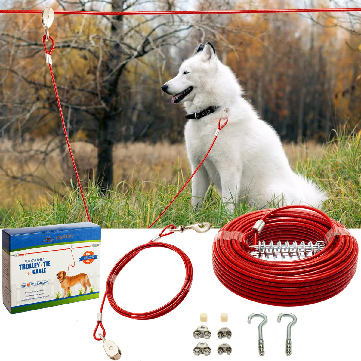 Pupteck Dog Run Cable, 100 Ft Heavy Weight Tie Out Cable With 10 Feet Runner For Dog Up To 125Lbs, Red