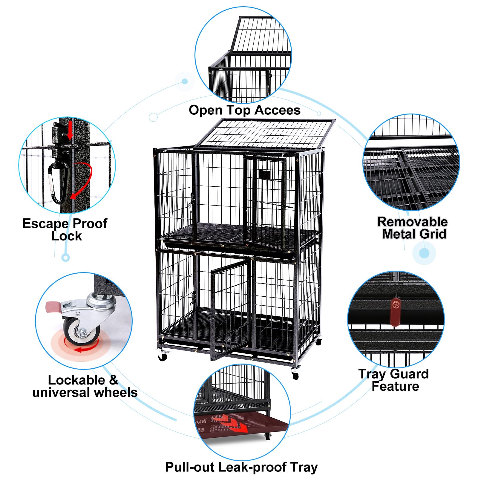 Homey Pet 31 Inch Stackable Heavy Duty Dog Crate Cage Kennel With Four Lockable Wheels, Removable Tray, Escape Proof Wire Drop D