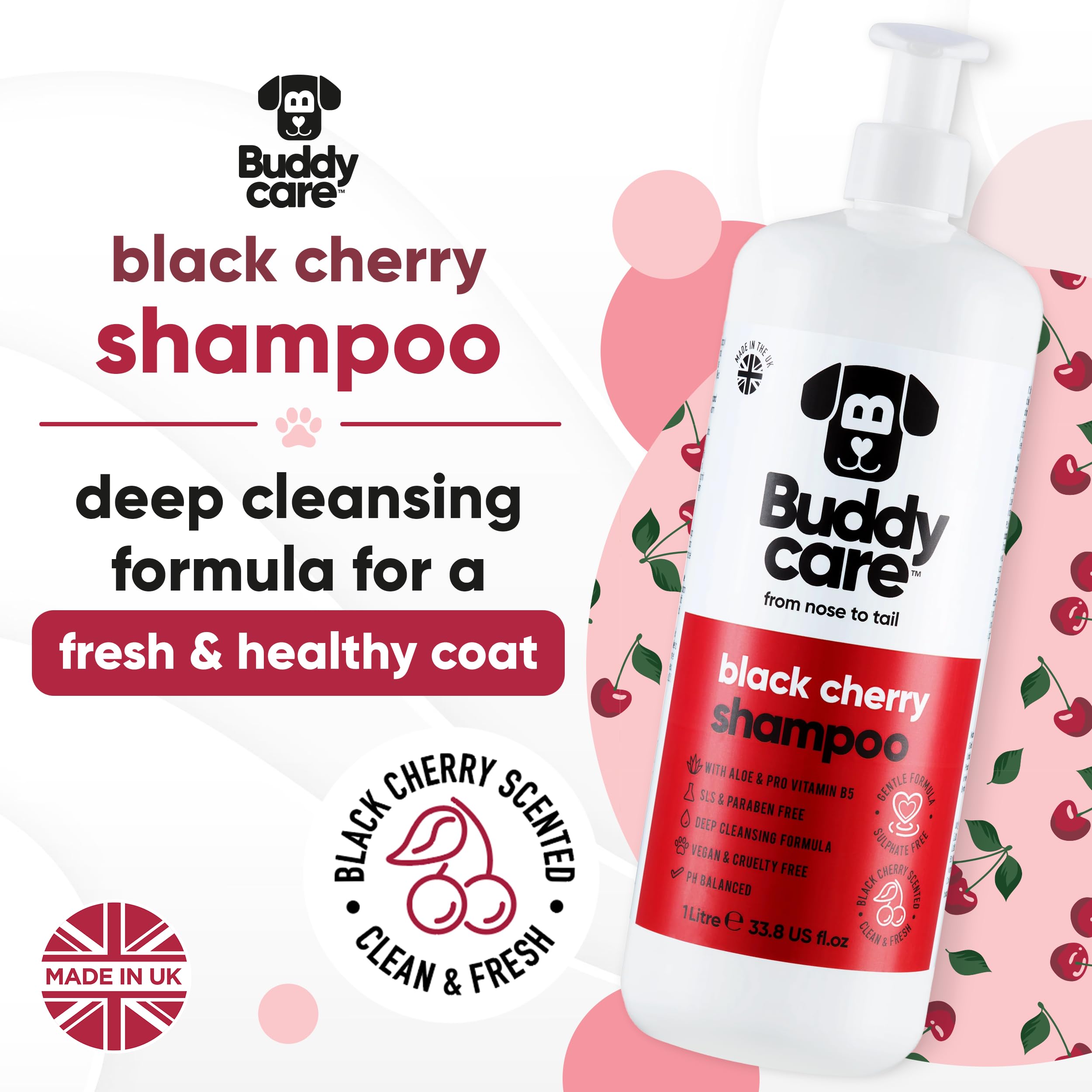 Black Cherry Dog Shampoo By Buddycare | Deep Cleansing Shampoo For Dogs | Black Cherry Scented | With Aloe Vera And Pro Vitamin