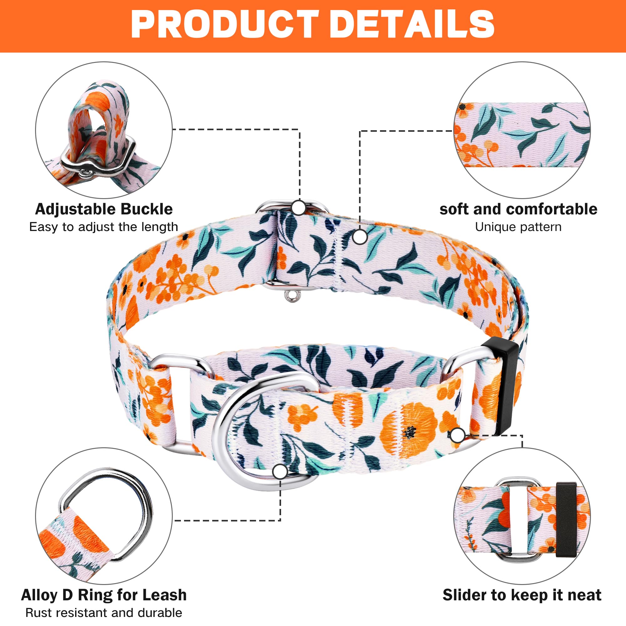 Hikiko Martingale Collar For Dogs With No Buckle Flower Dog Collars Comfortable Nylon Training Collar For Medium Dogs,Retro Oran