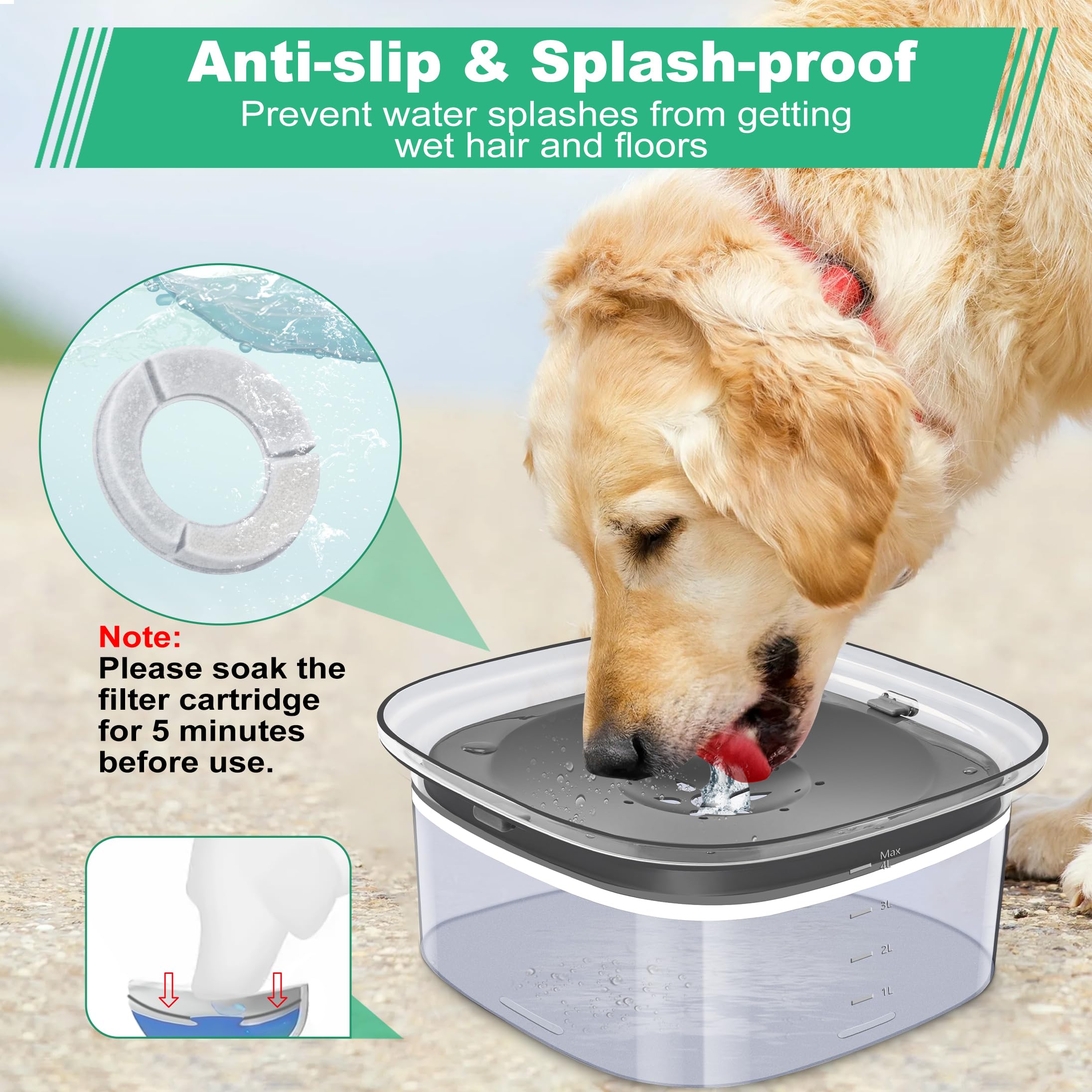 Decflow 4L Dog Water Bowl, Super Large Capacity Dog Bowl With Carbon Filter, Anti-Choking No Spill Water Bowl With Slow Water Fe