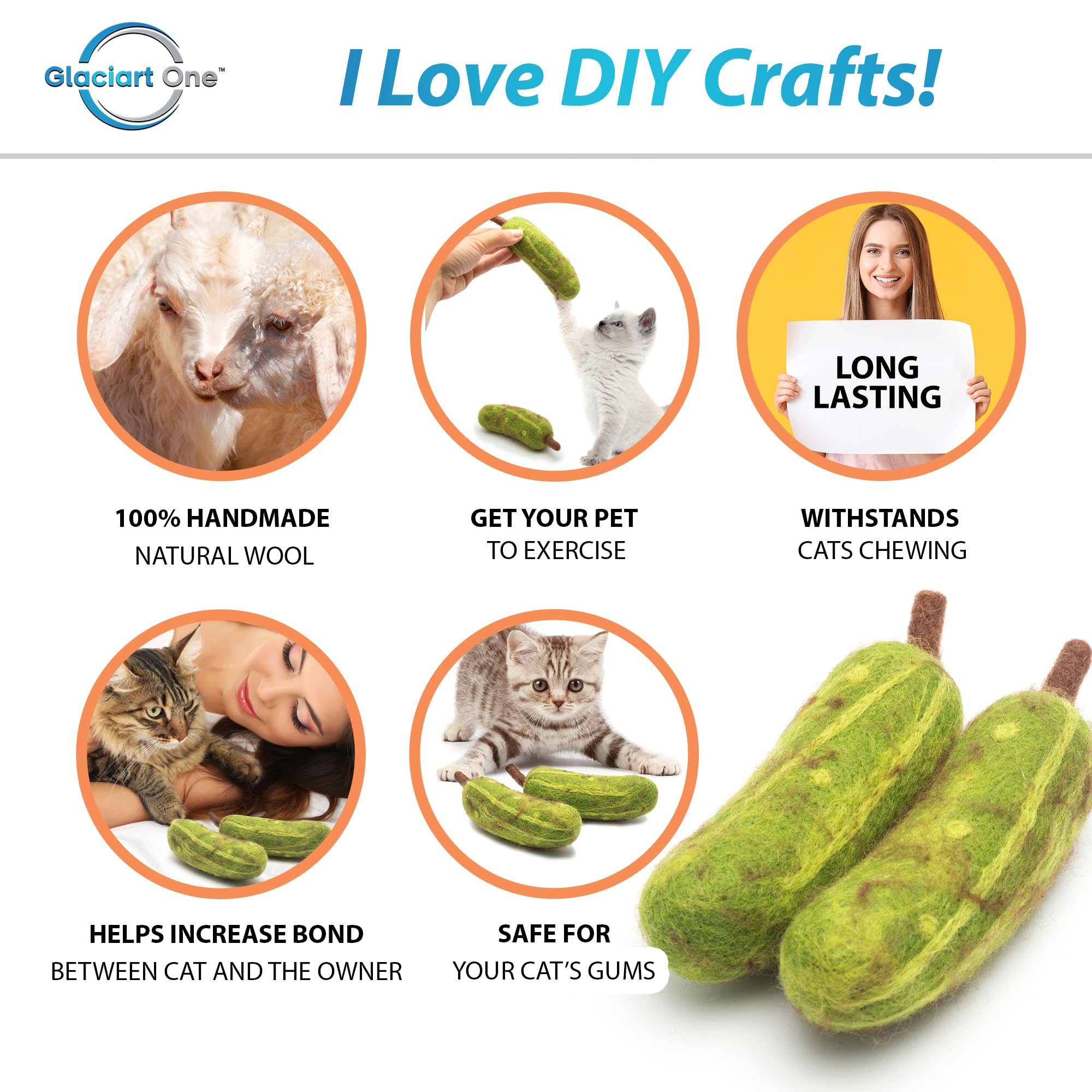 Glaciart One Cat Toy Pickle - 2 Pcs | Soft Fuzzy Enrichment 100% Natural Wool - Interactive Catnip Play Cat Toy Set - Safe For P