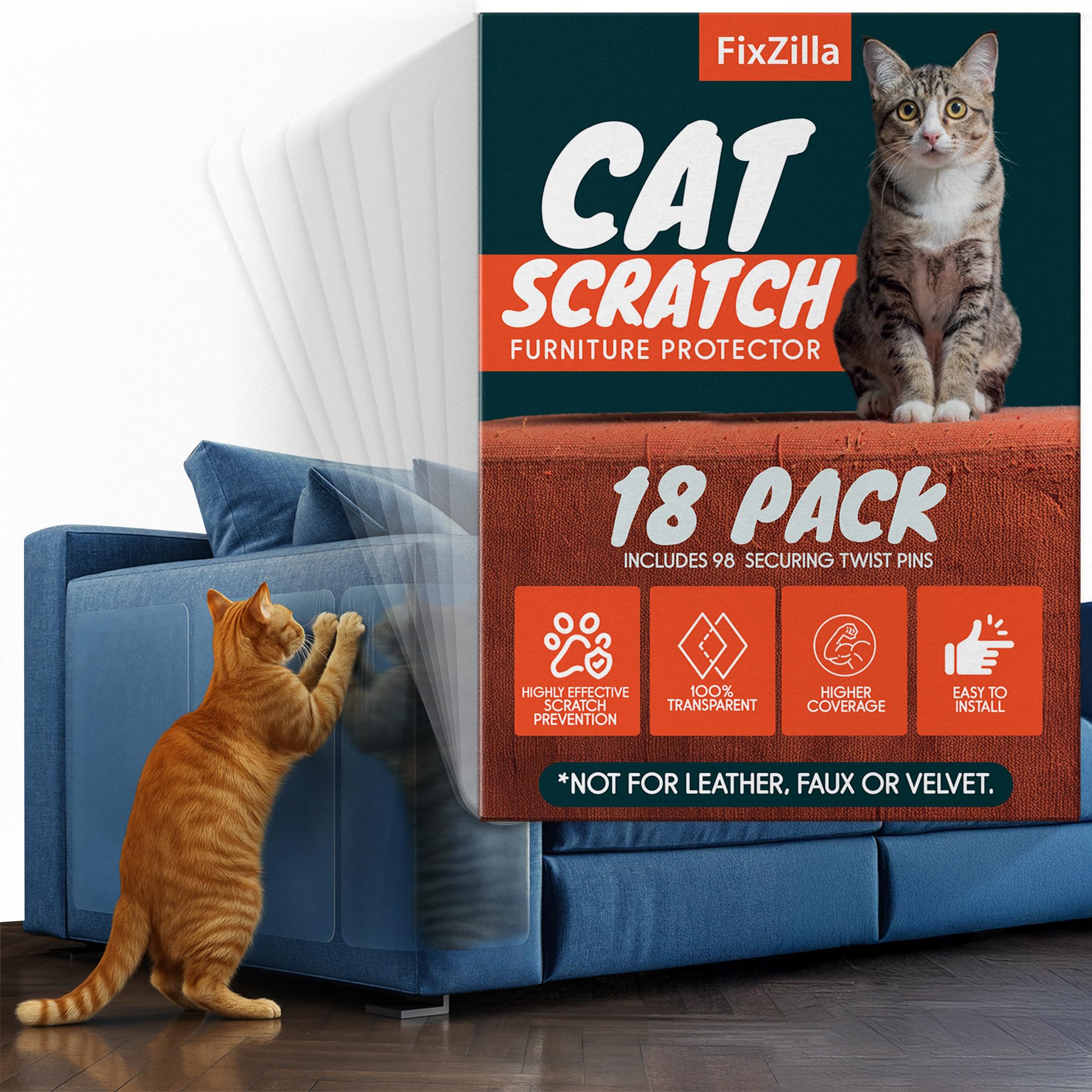 FixZilla Anti Cat Scratch Furniture Protector, 18-Pack Couch Protector from Cat Claws - Heavy-Duty, Easy-to-Apply Scratching Det