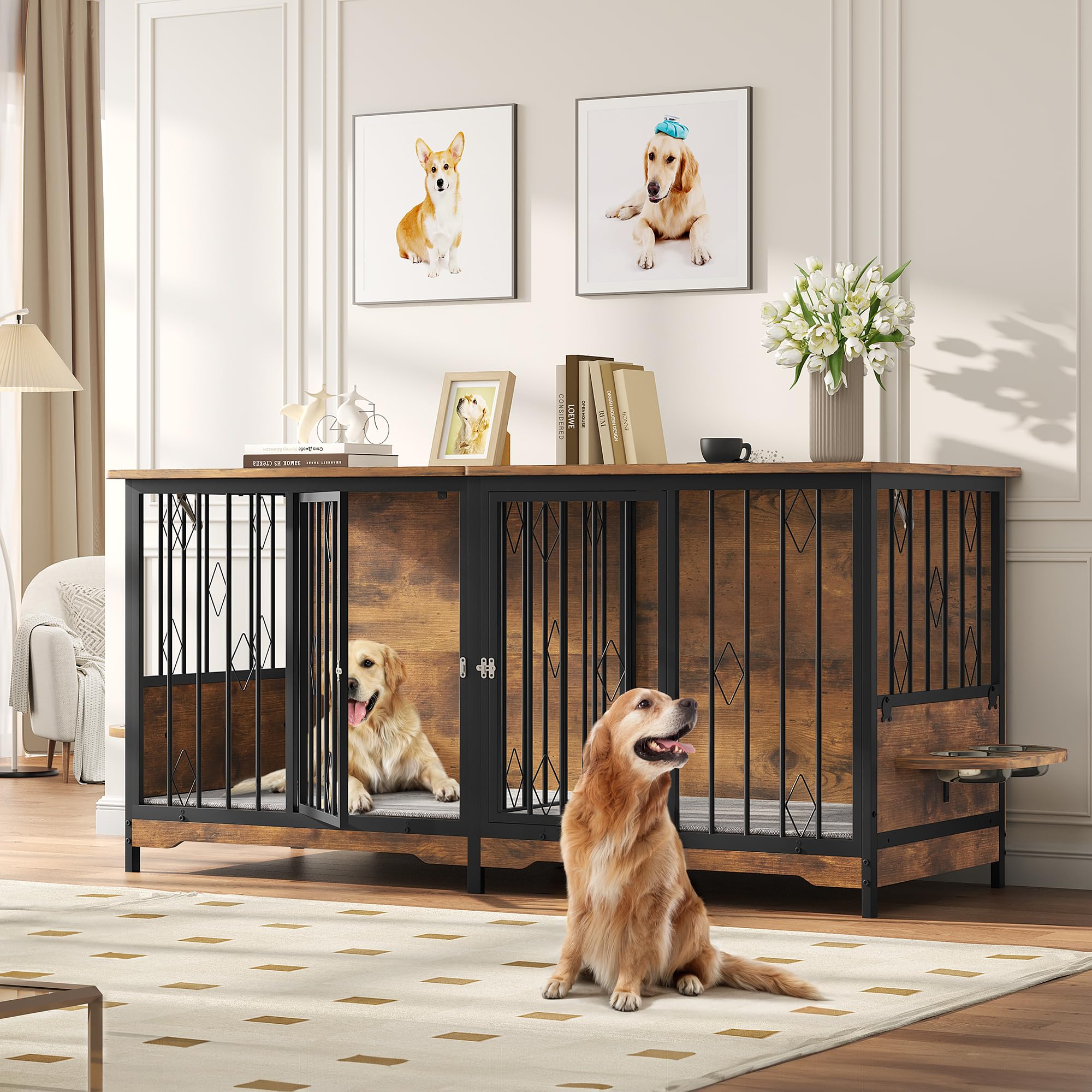 YITAHOME Large Wooden Dog Crate Furniture, 71" with Divider, Flip-Top, 4 Bowls, 2 Cushions, Brown, for Medium to Large Dogs