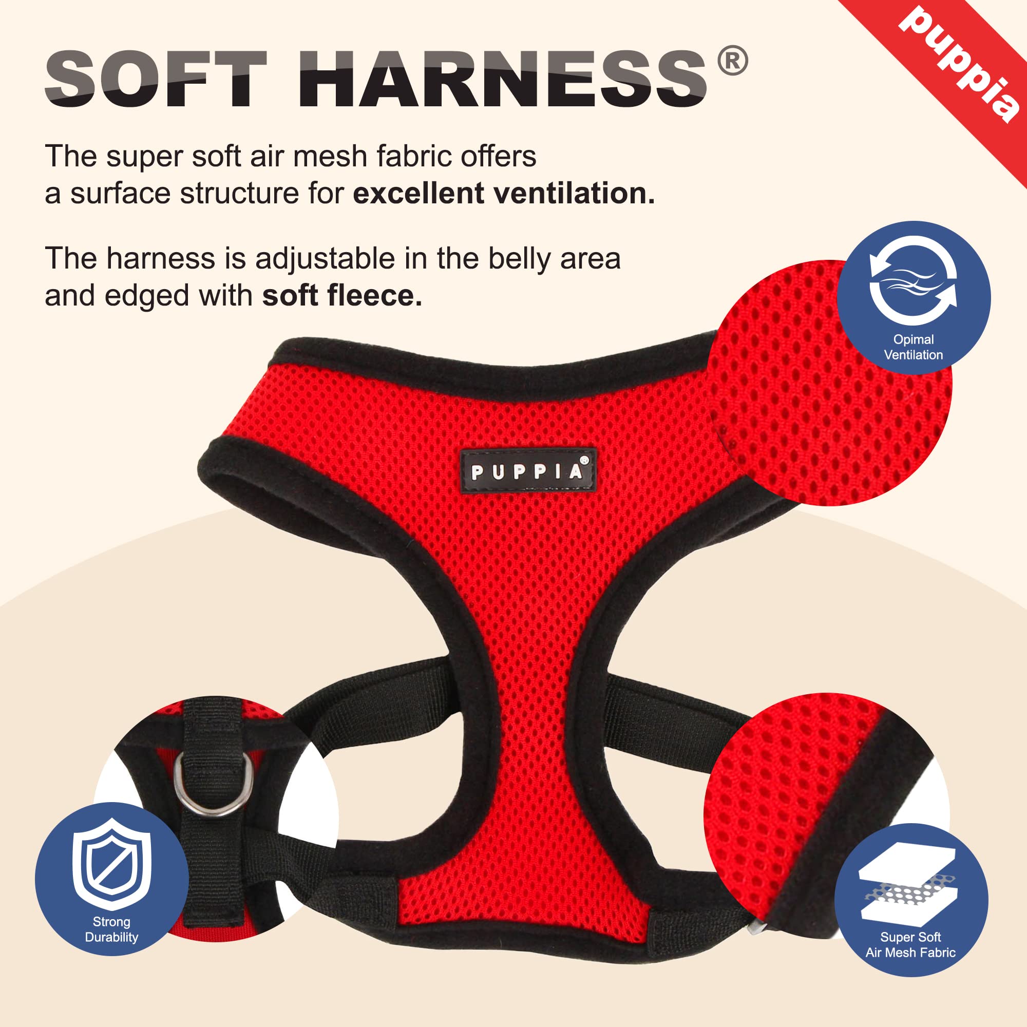Puppia Soft Dog Harness No Choke Over-The-Head Triple Layered Breathable Mesh Adjustable Chest Belt And Quick-Release Buckle, Sk