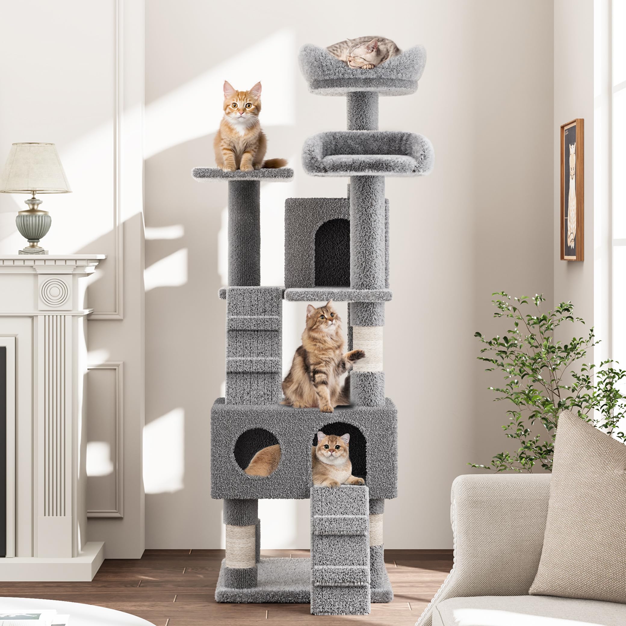 Cat Tree, Tall Cat Tower Condo For Indoor Large Cats, Cat House Furniture With Padded Plush Perch Sisal Scratching Posts (Grey, 