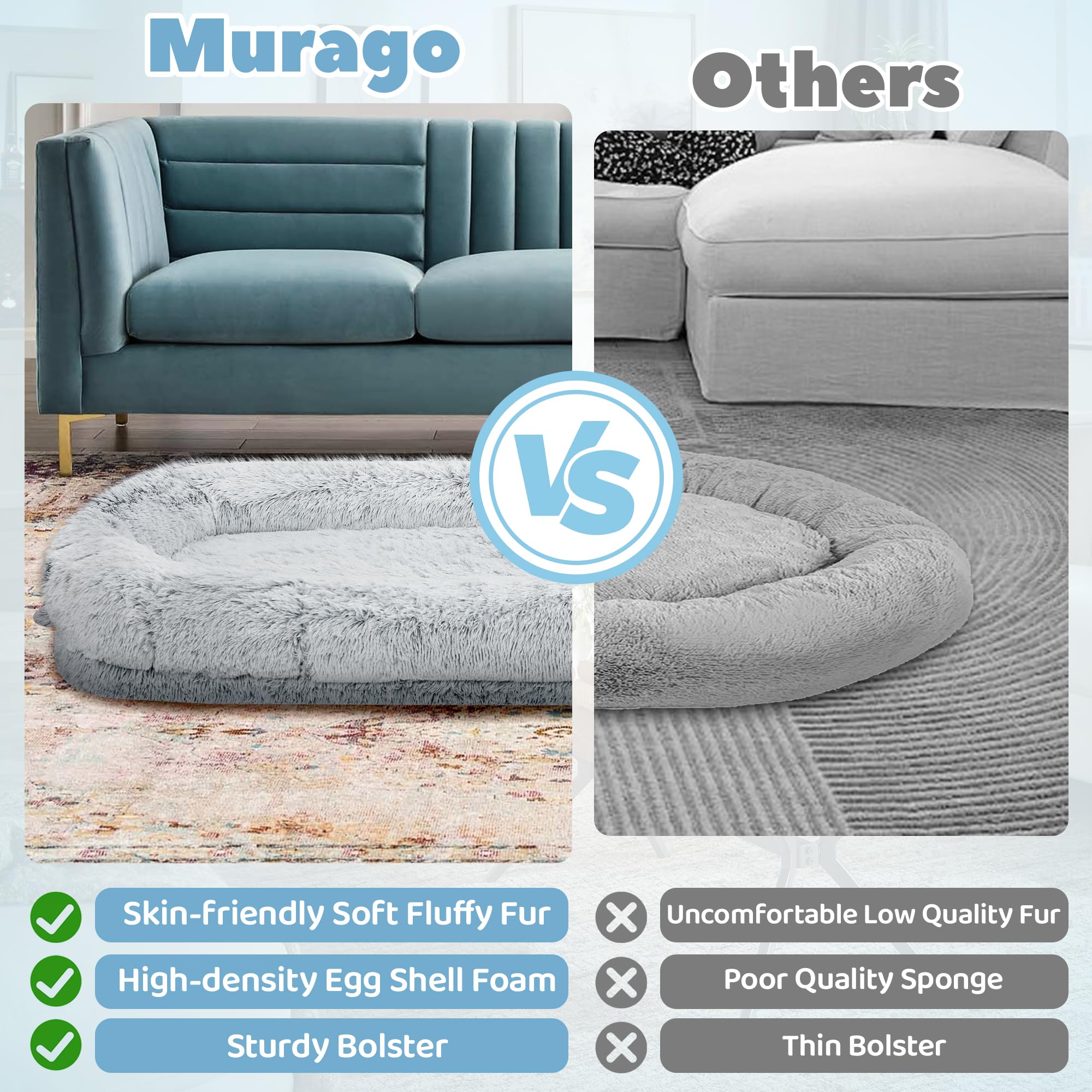 Murago Human Dog Bed For Adults, 40 X 10 X 71 Long Human Size Dog Bed, Removable Cover, Orthopedic Design, Light Grey