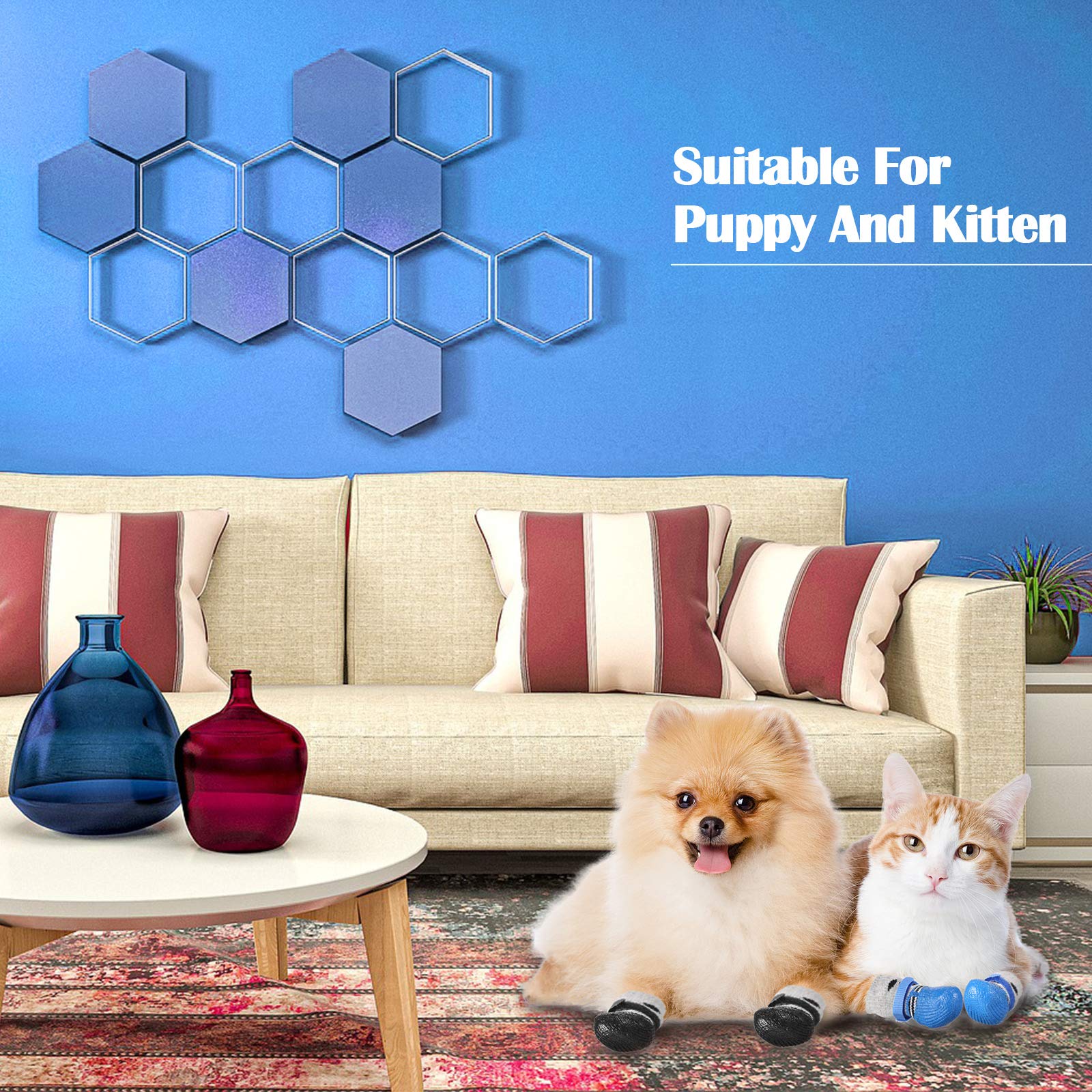 Weewooday 2 Sets Dog Boots Shoes Socks Waterproof Cat Shoes Rain Snow Dog Booties Anti-Slip Cat Sock Booties With Adjustable Dra