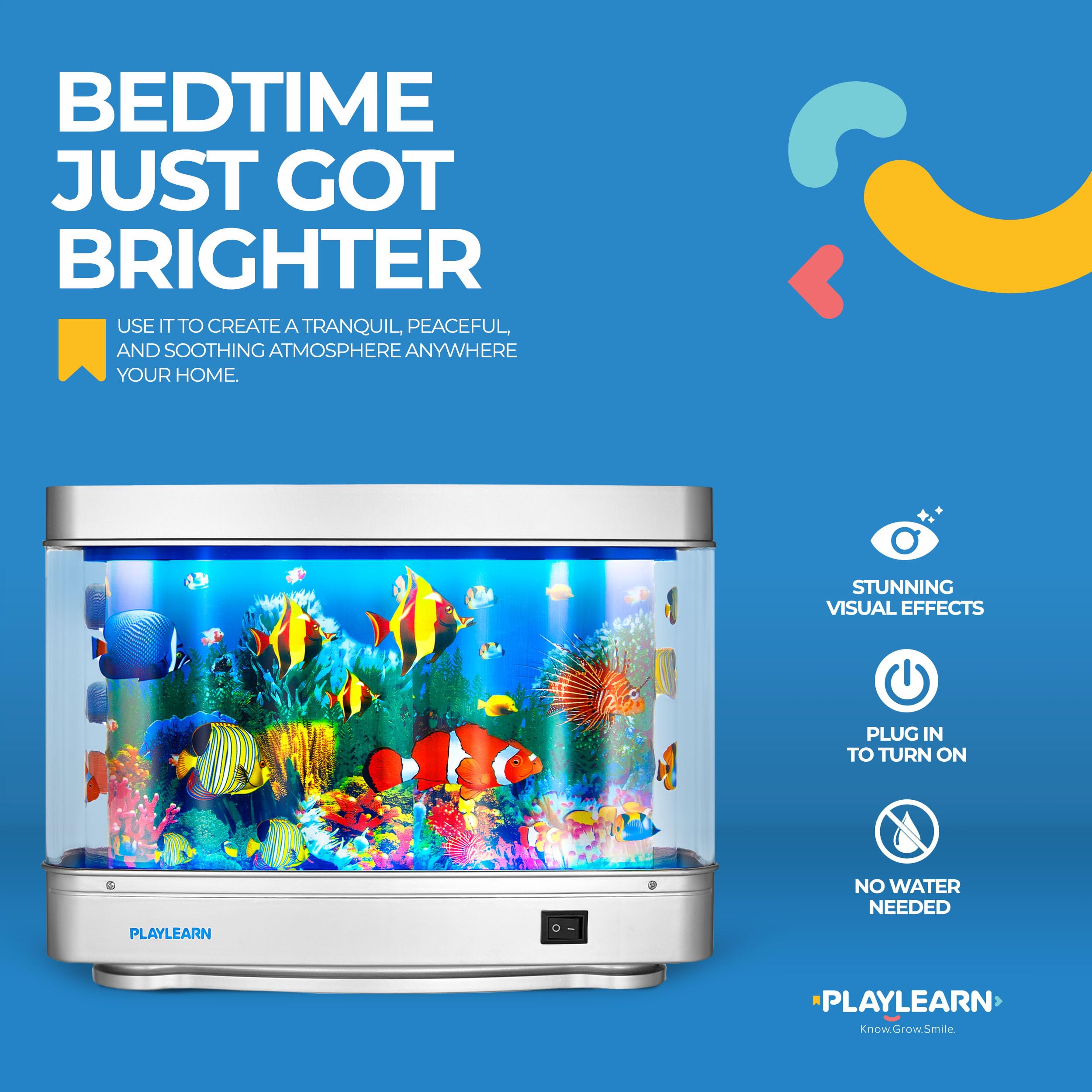Playlearn Fake Fish Tank Mini Aquarium - Artificial Fish Tank With Moving Fish - Fake Aquarium Lamp - Perfect Sensory Lamp