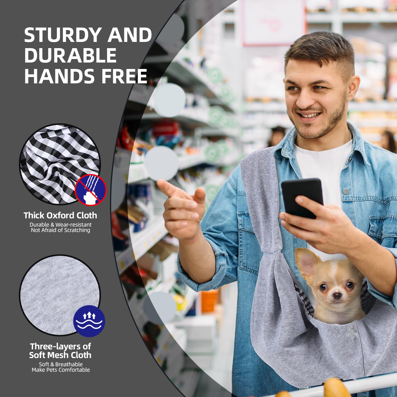 Dog Carrier Sling - Reversible Puppy Carrier Purse With Storage Pocket, Hand-Free Dog Sling Carrier For Carry Small Dogs And Cats, Travel Safety Harness, Dog And Cat Harness (Gray)