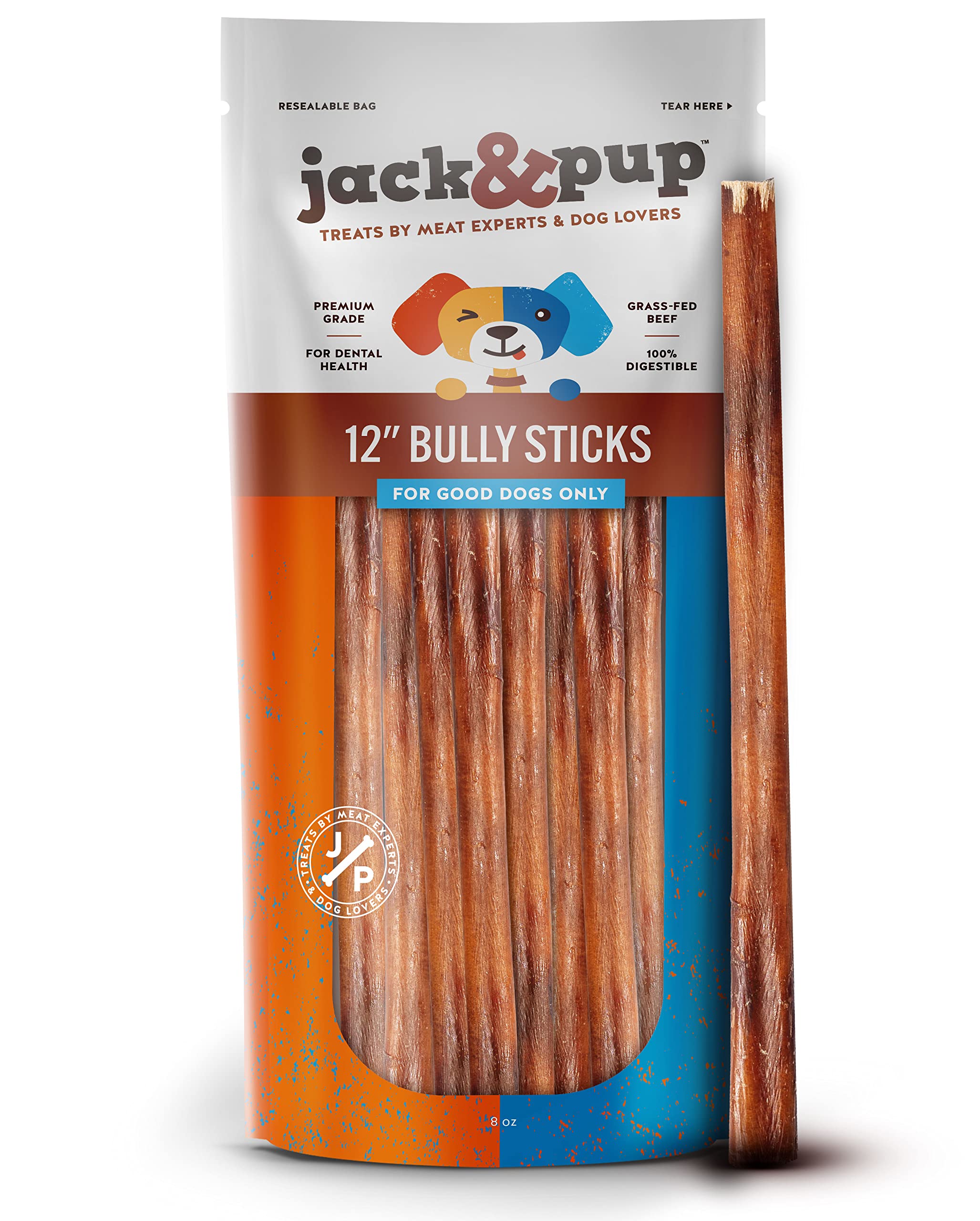 Jack&Pup 12 Bully Sticks Dog Chews | Odor Free Bully Sticks | Single Ingredient, All Natural Pizzle Sticks for Dogs (8oz, 5/6 St