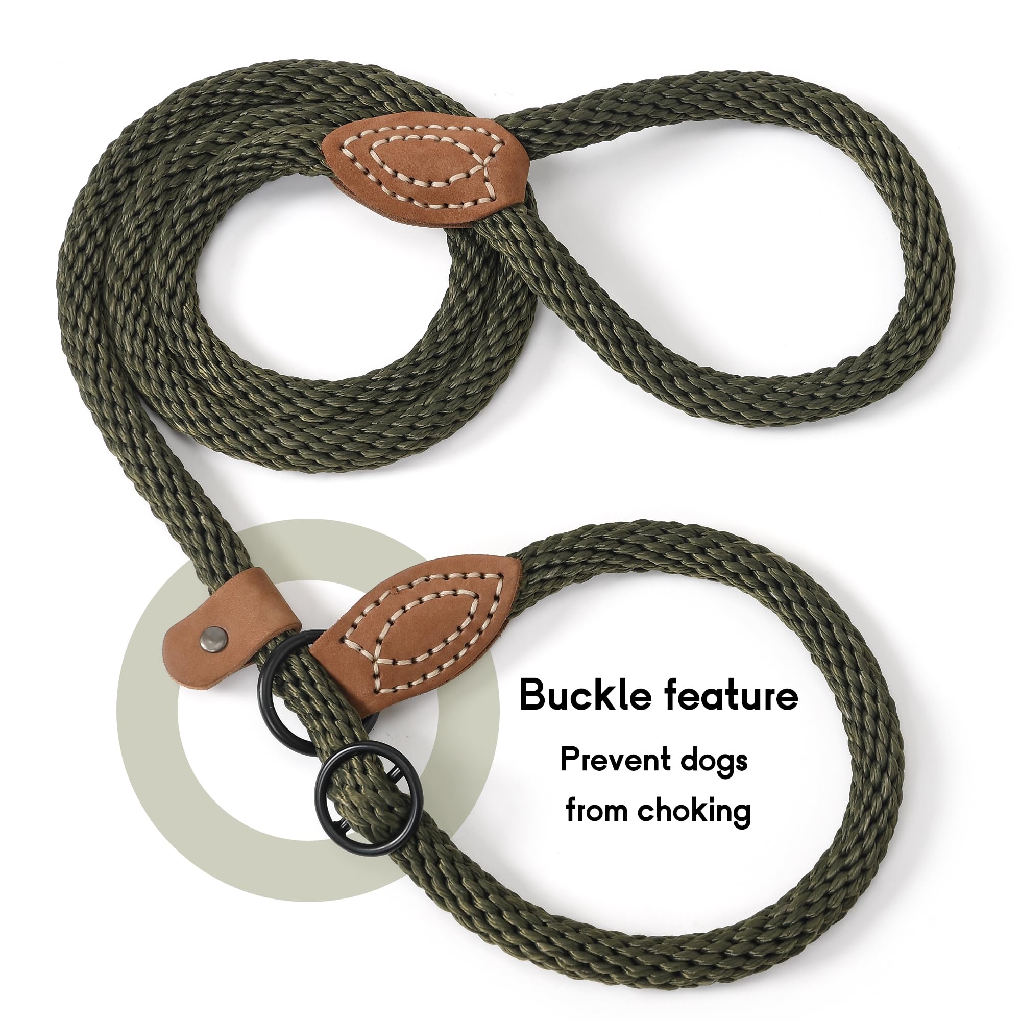 Mile High Life Slip Leads For Dogs | Heavy Duty Dog Training Leash | 5 Feet No Pull Slip Leashes W Leather Tip | Dark Green Rope Lead For Dogs Outside