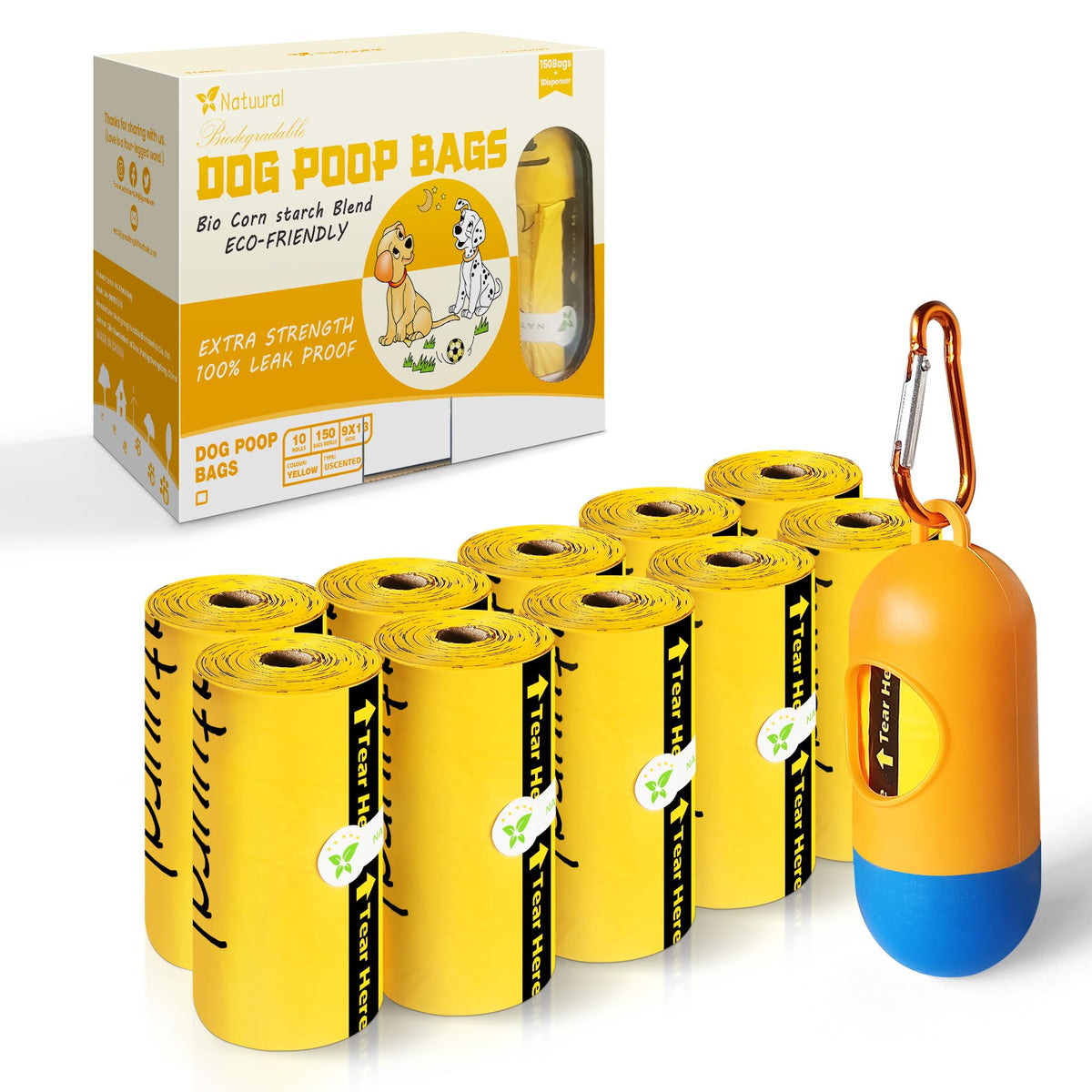 Dog Poop Bags-150 Counts with Leash Dispenser (10 Rolls), Biodegradable Poop Bags, Eco-friendly and Easy to Open, Thick Dog Wast