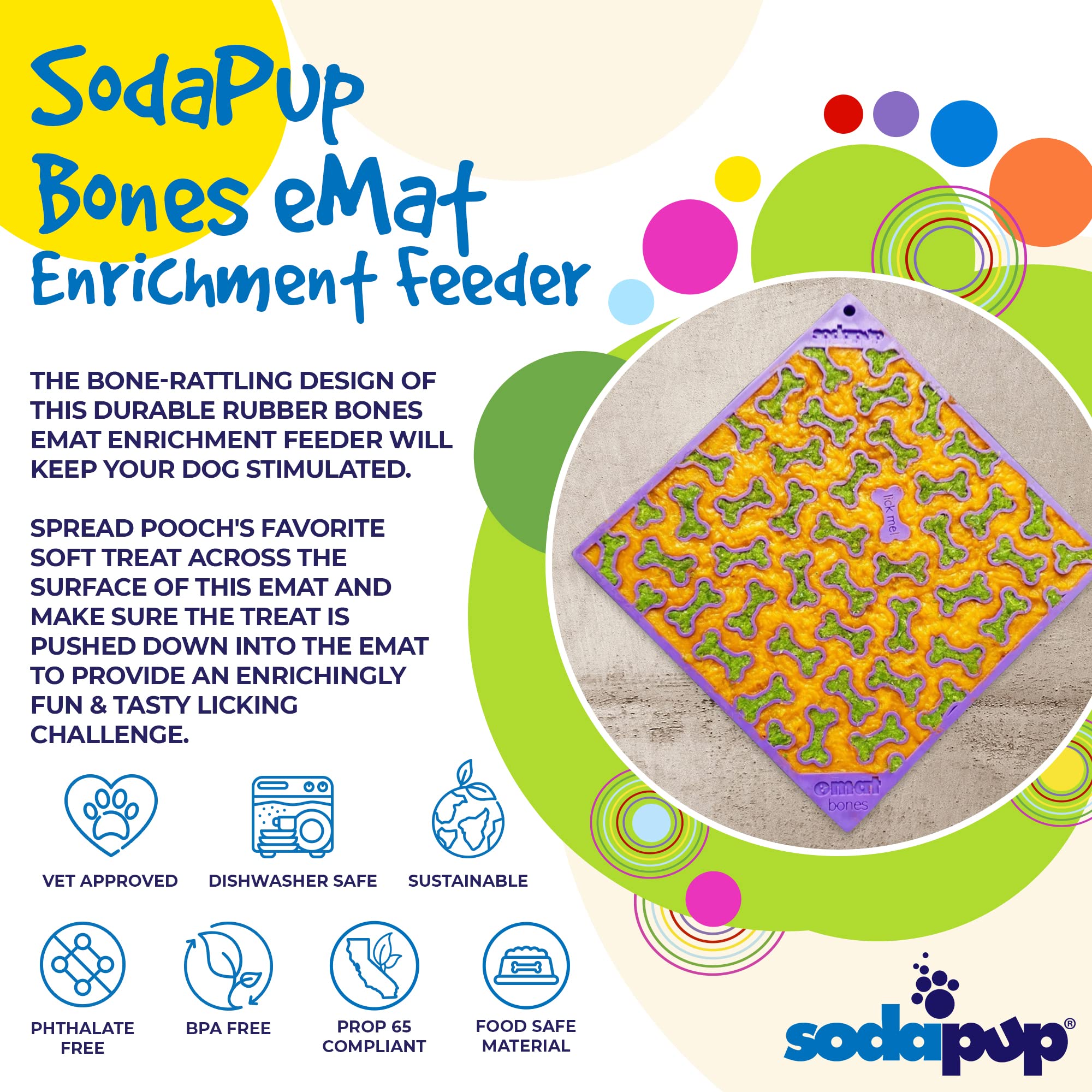 SodaPup Bones eMat - Durable Lick Mat Feeder Made in USA from Non-Toxic, Pet-Safe, Food Safe Rubber for Mental Stimulation, Avoi
