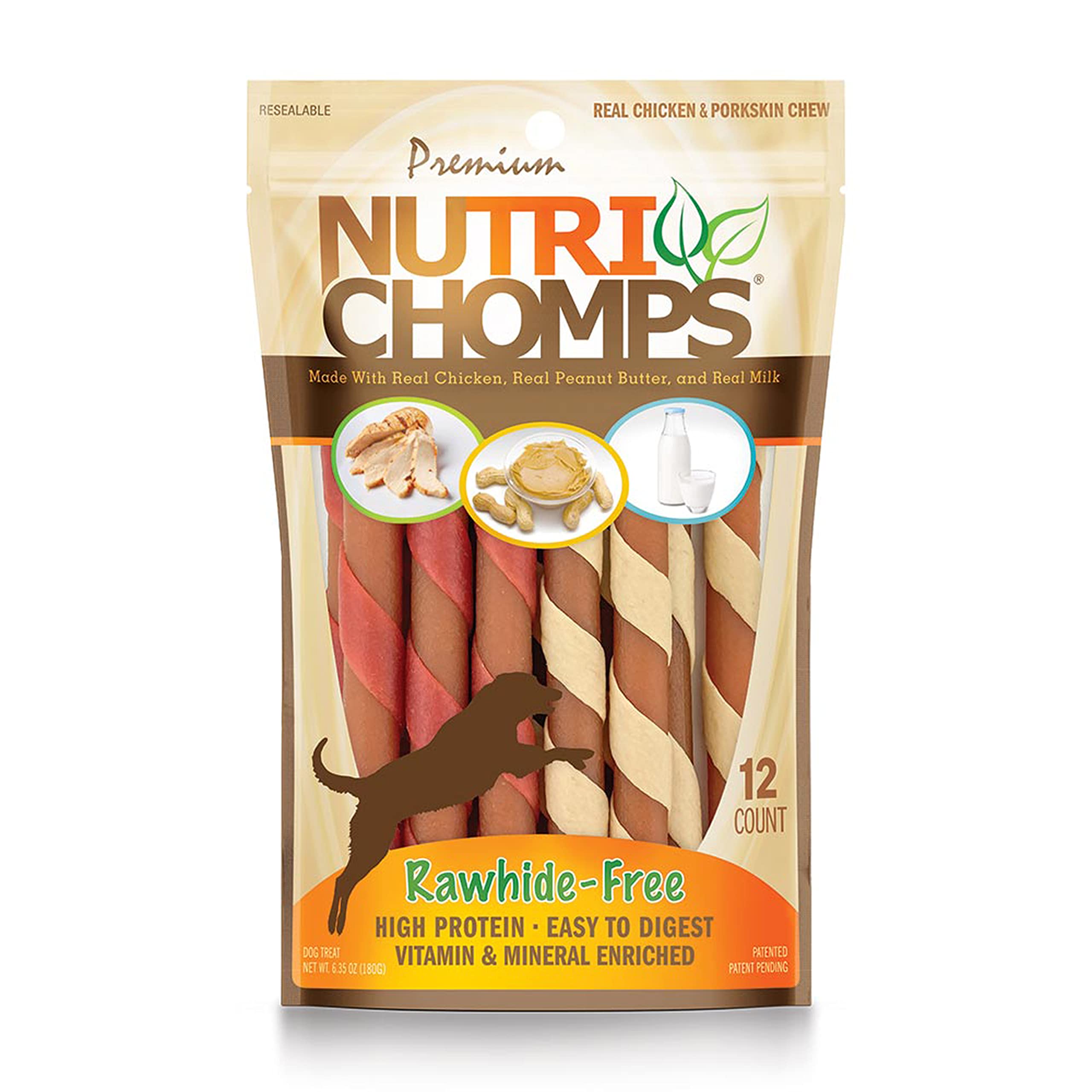 NutriChomps Dog Chews, 5-inch Twists, Easy to Digest, Rawhide-Free Dog Treats, 12 Count, Real Chicken, Peanut Butter and Milk fl