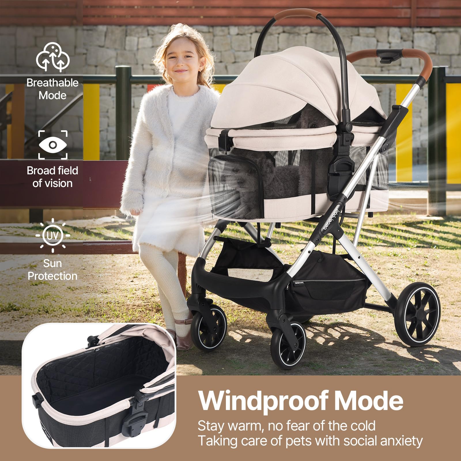 Beberoad Pets T6 Luxury Pet Stroller For Medium Dogs & Cats Under 66Lbs, 3-In-1 Dog Stroller With Detachable Carrier (Beige)