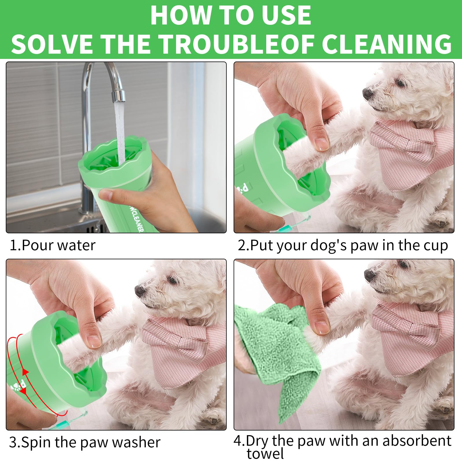 Dog Paw Cleaner For Dogs, (With 3Pcs Absorbent Towels & Adjustable Bath Brush) Dog Paw Washer, Pet Foot Cleaner (Light Green, Sm