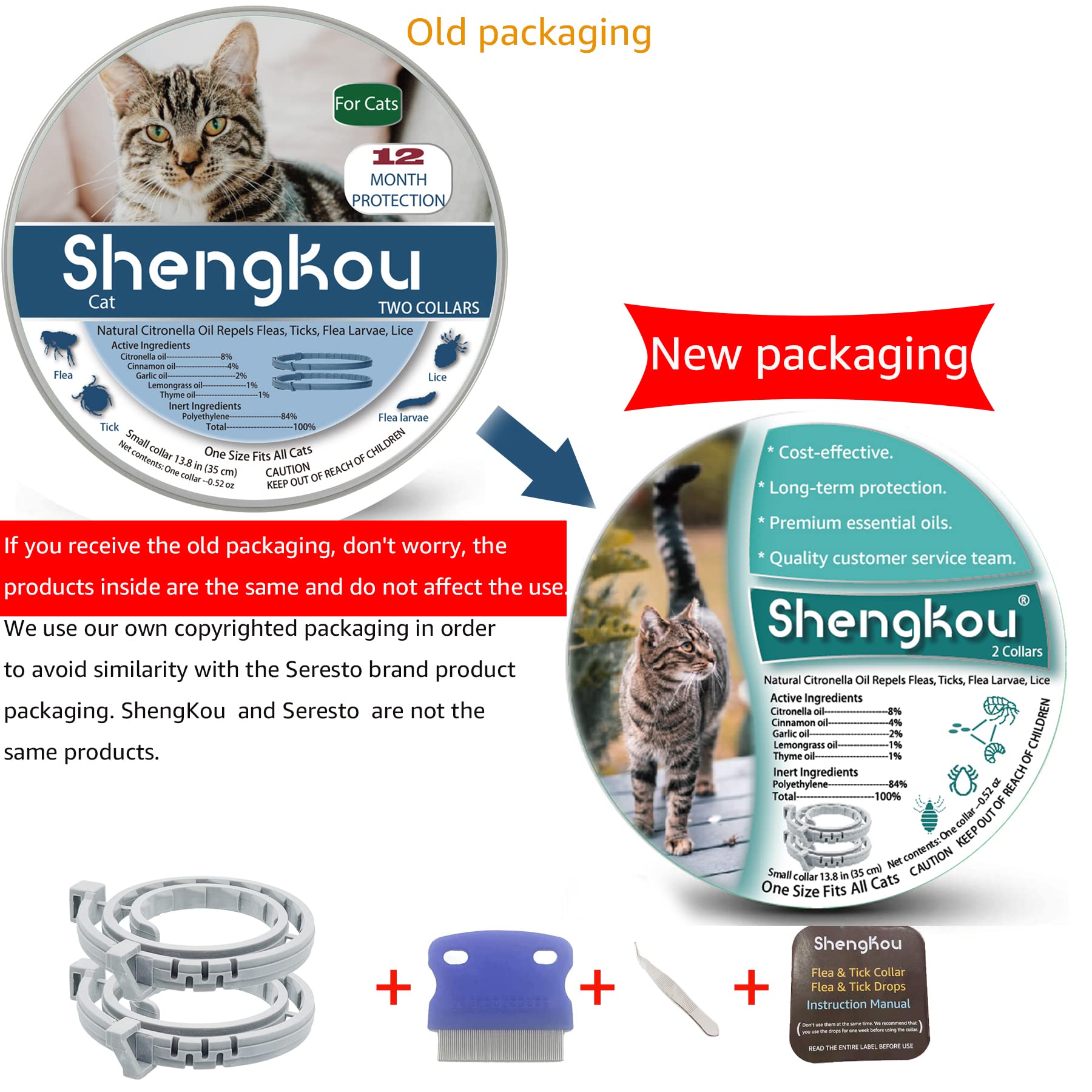 ShengKou Flea and Tick Collar for Cats, Waterproof, Natural Essential Oil, 13.8 in, Gray, 2 Packs, Includes Free Comb