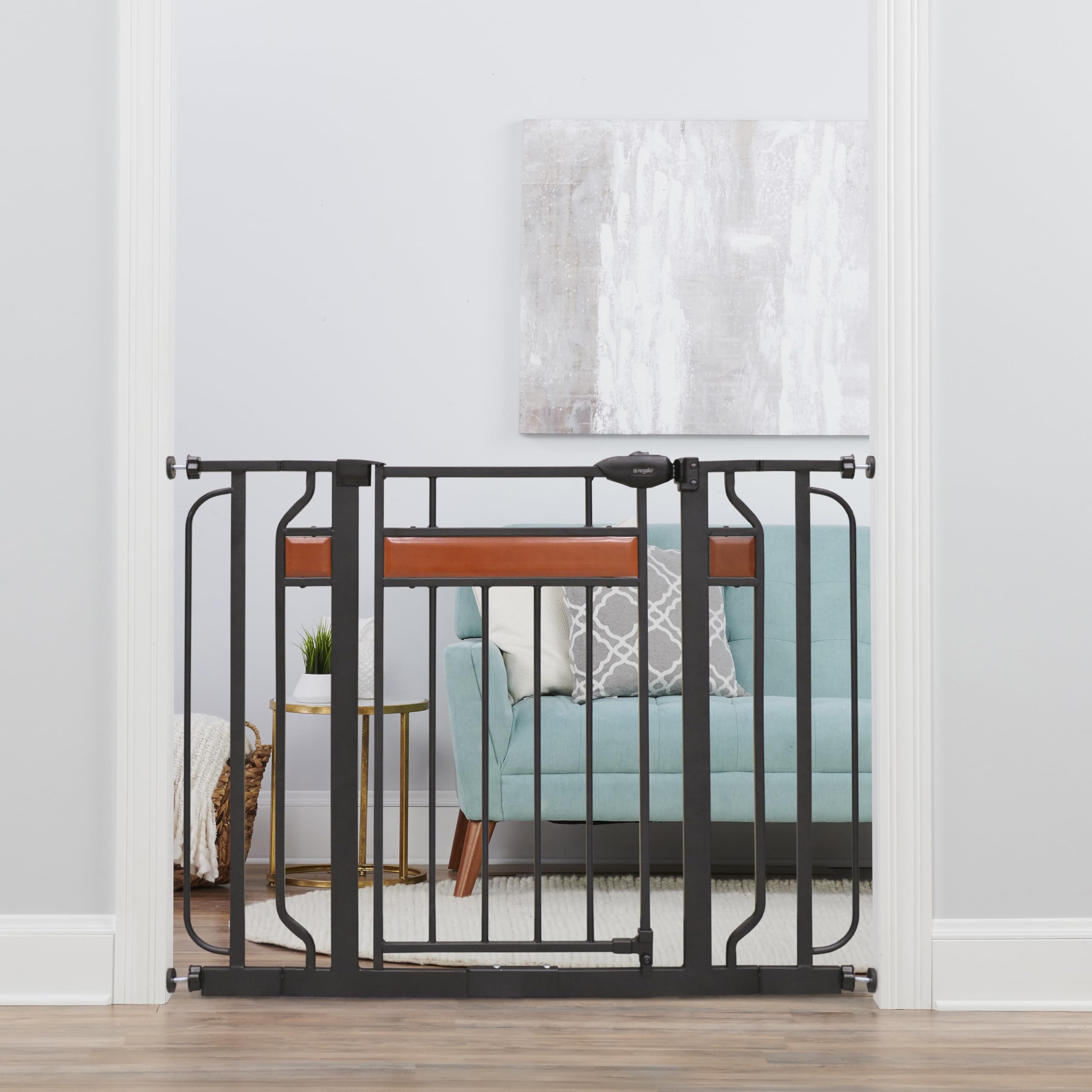 Regalo Home Accents Extra Wide Walk Thru Baby Gate, Includes Décor Hardwood, 4-Inch Extension Kit, 4-Inch Extension Kit, 4 Pack Of Pressure Mount Kit And 4 Pack Of Wall Cups And Mounting Kit