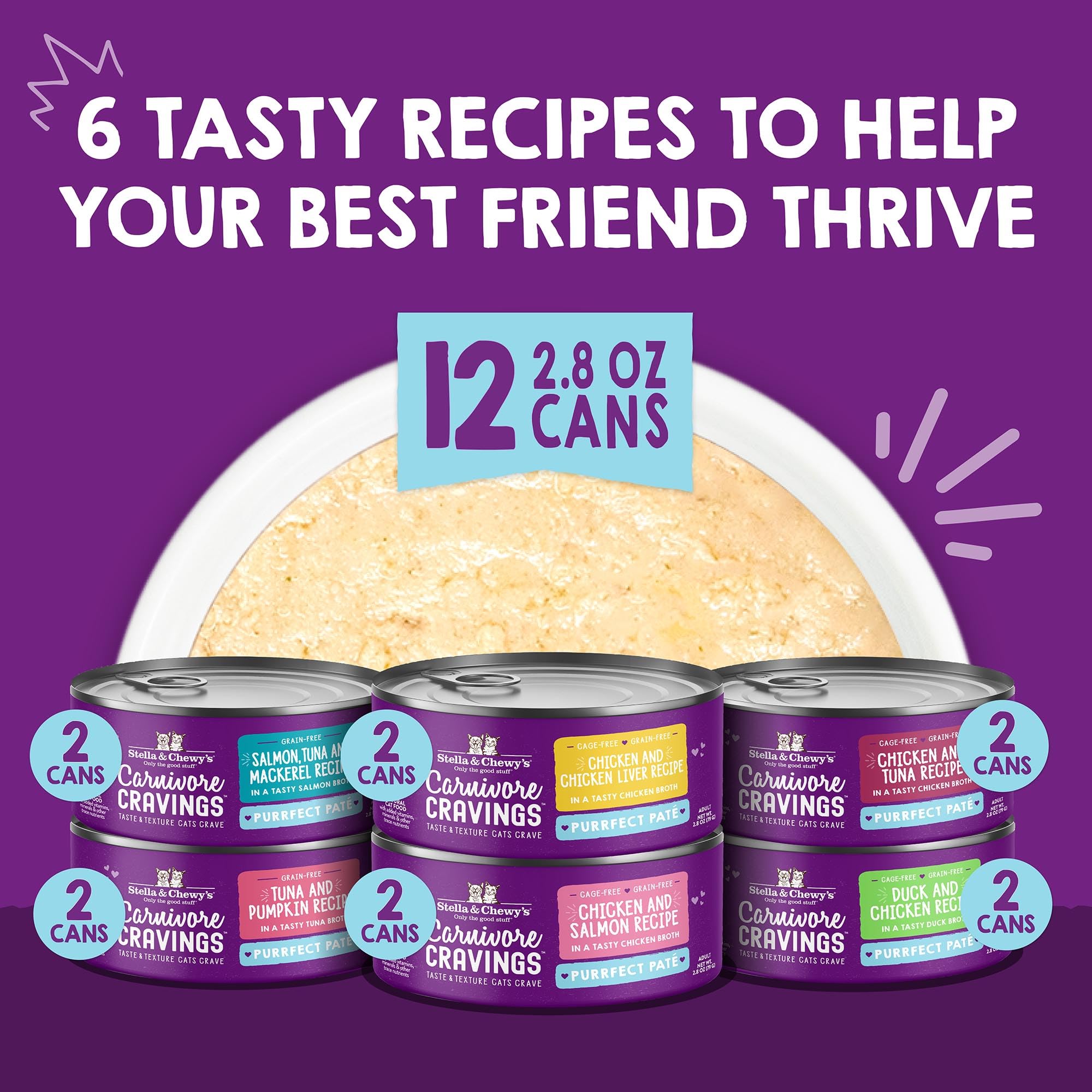 Stella & Chewys Carnivore Cravings Purrfect Pat   - Premium Grain-Free Wet Cat Food - 6 Flavor Variety Pack - High Protein with