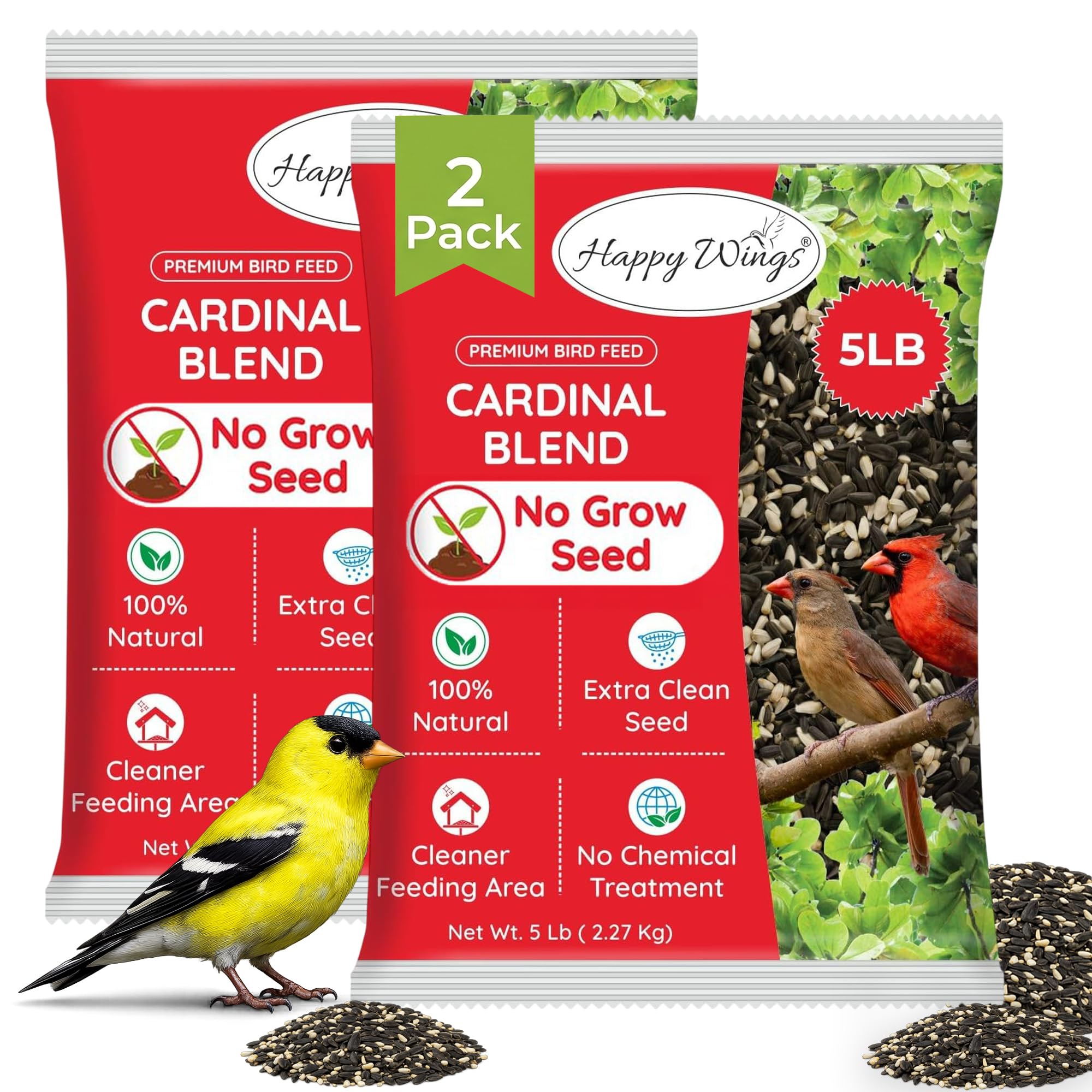 Happy Wings Cardinal Blend Bird Food, Mix of Sunflower and Safflower Seed, 10 Pounds - 5 Pounds Combo Pack of 2 | No Grow Seed |