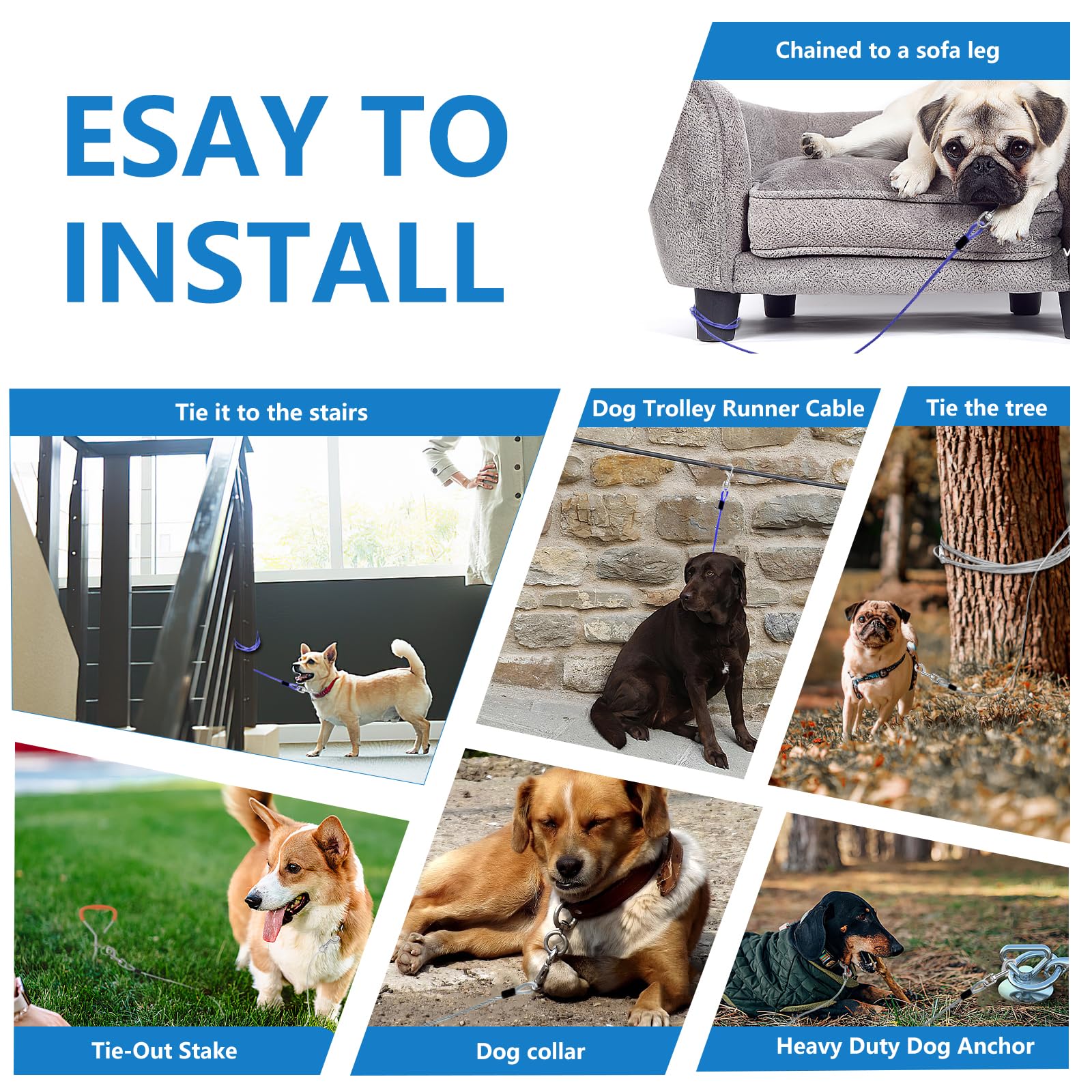 Mooongem 15Ft Heavy Duty Dog Tie Out Cable, Up To 250Lbs Pull Force, Blue