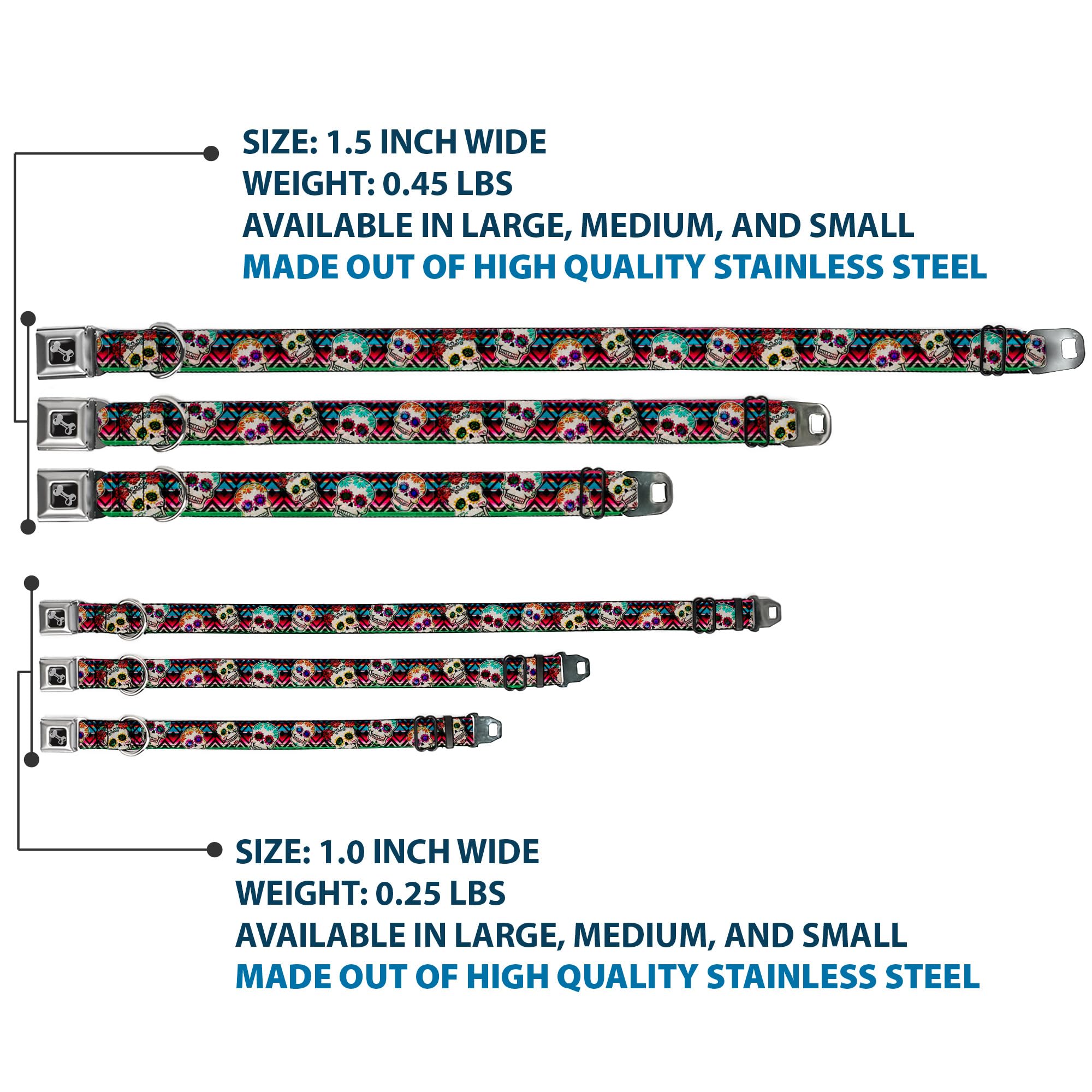 Buckle-Down Dog Collar Seatbelt Buckle Sugar Skulls Zarape Multi Color 18 To 32 Inches 1.5 Inch Wide (Dc-W34561-Wl)