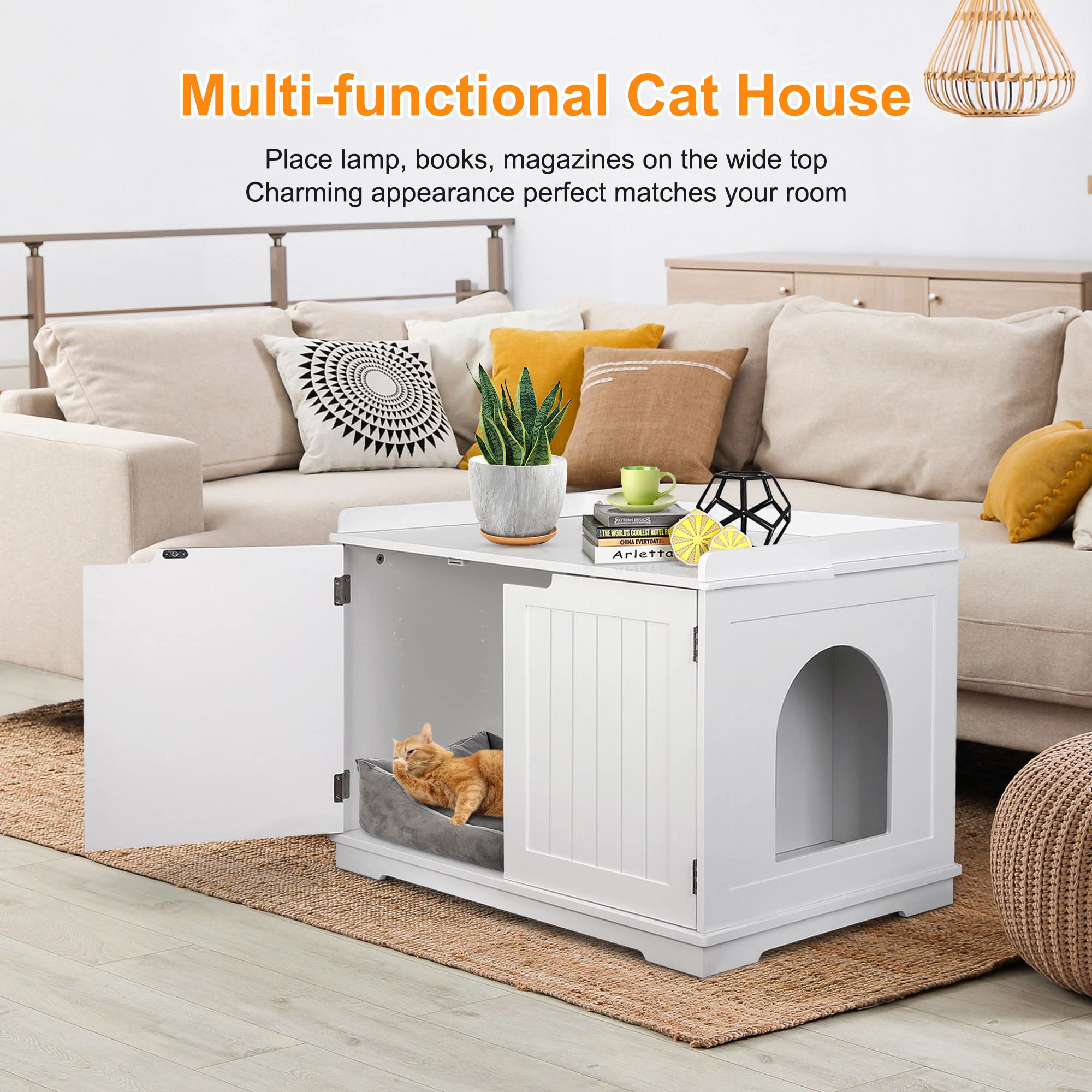 Pet Republic Hidden Cat Litter Box Enclosure Cat Litter Box Furniture Washroom House Table Nightstand (White)
