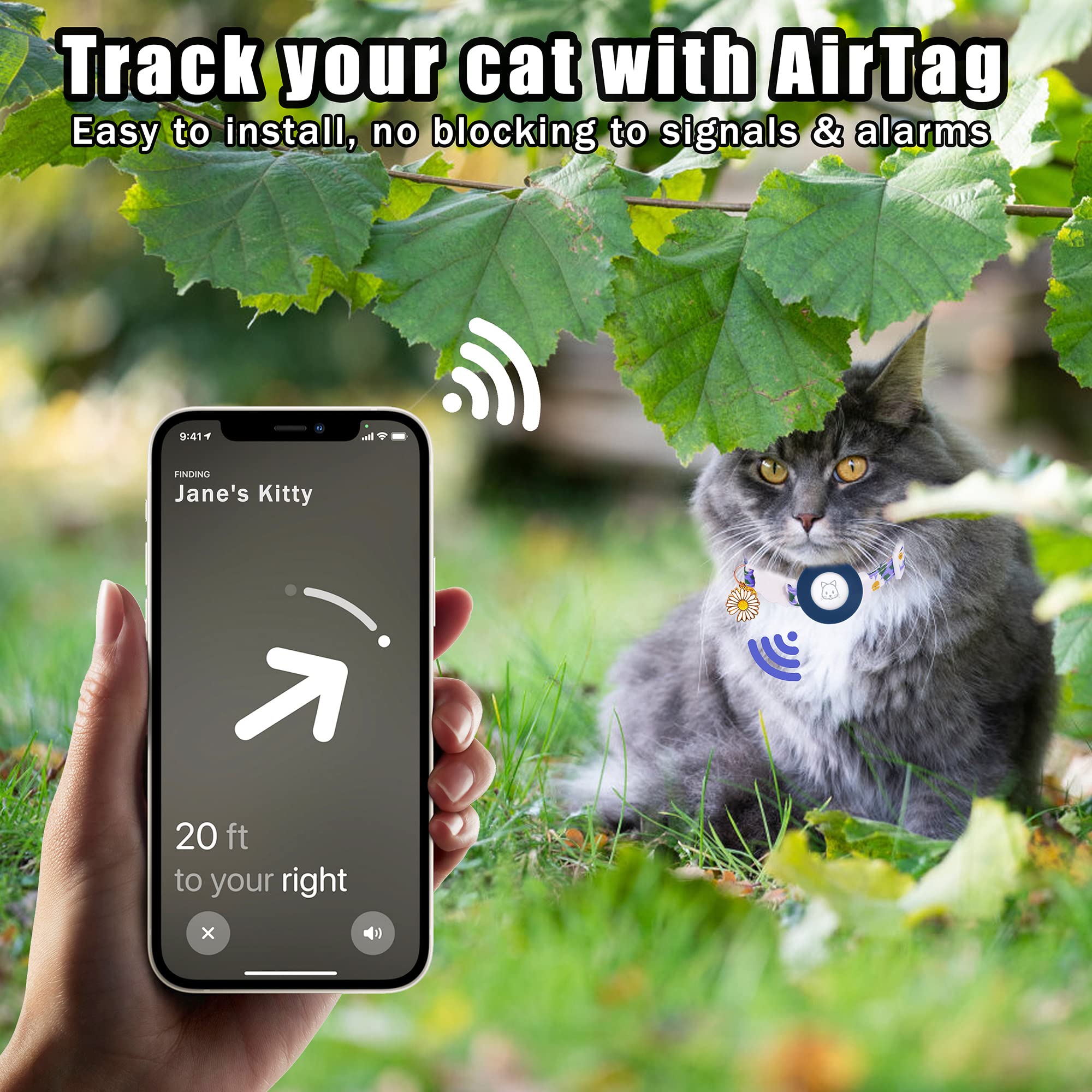 Airtag Cat Collar, Jxfukal Kitten Collar Breakaway With Silicone Airtag Holder, Bells & Flower Charm For Girl Cats Boy Cats Small Dogs(Blue)