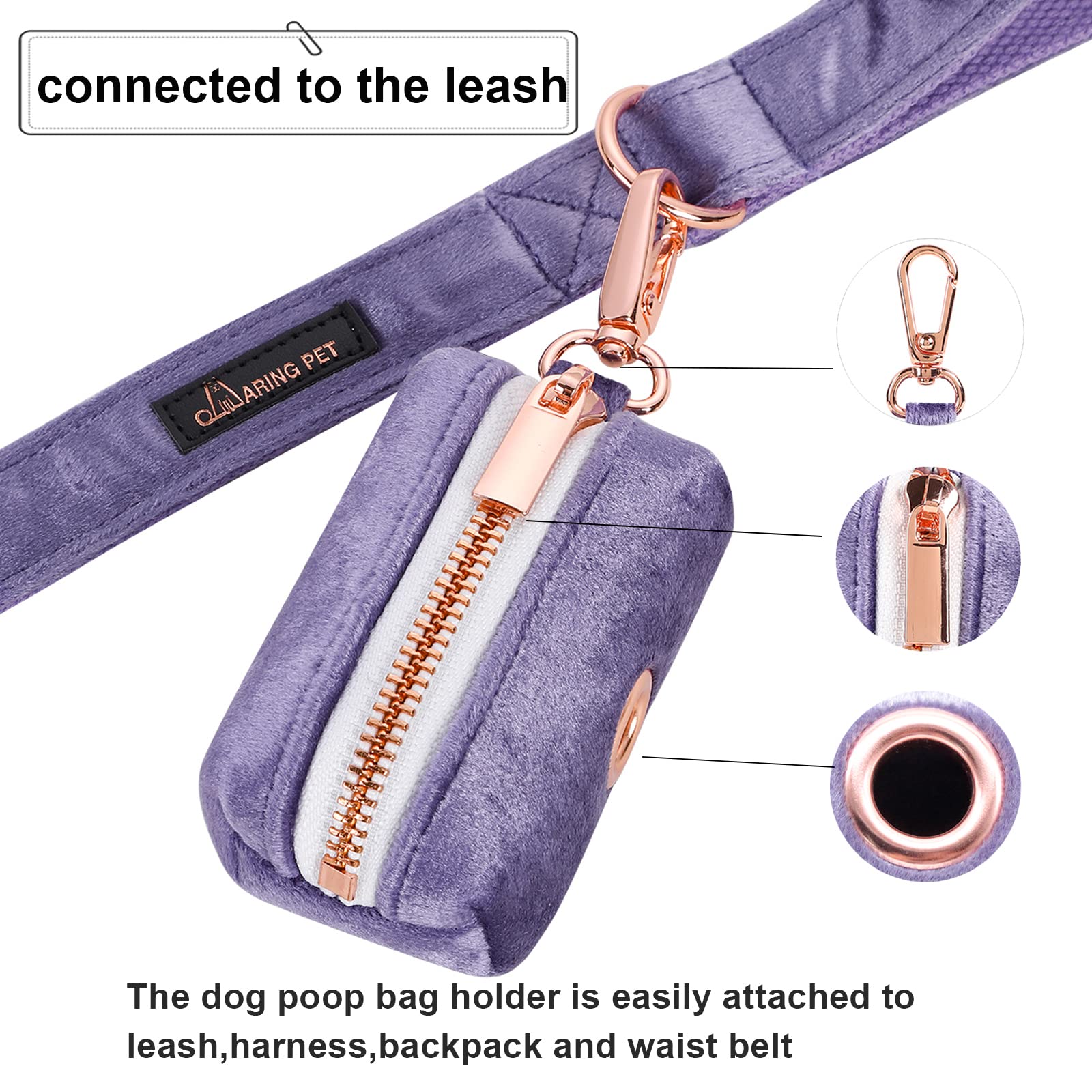 Aring Pet Dog Waste Bag Dispenser, Velvet Doggy Poop Bags Holders Attach To Any Leashes, Purple Portable Washable Pet Waste Pouch Dispenser With Metal Zipper