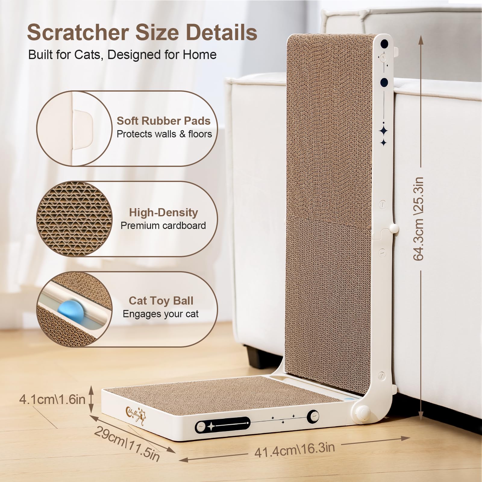 Uniblissy Cat Scratcher, 25.3 Inch Double Sided L Shape Cat Scratching Board, No Assembly Cat Scratch Pads With Ball Toy, Cat Sc