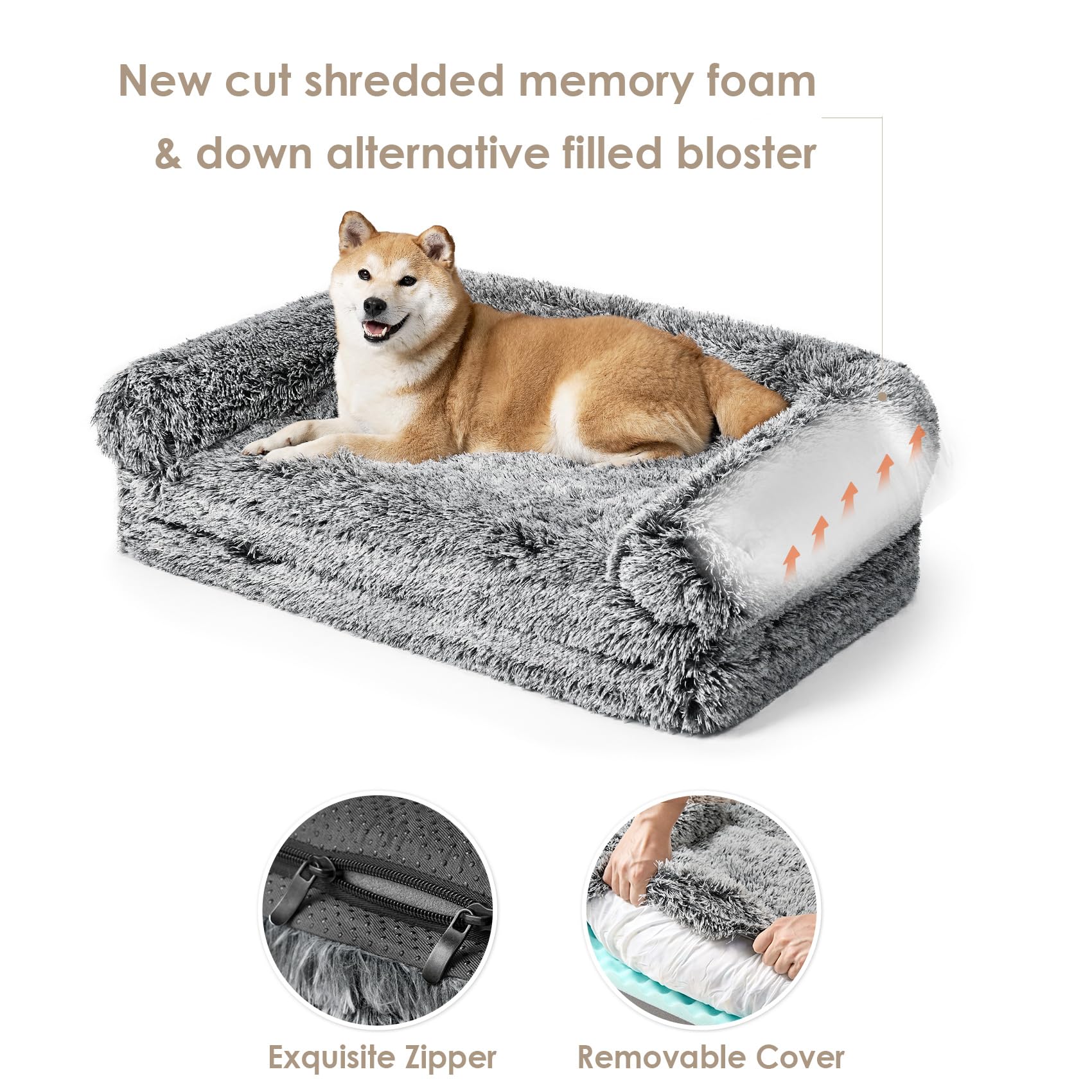 EHEYCIGA Foldable Dog Bed, Faux Fur Fluffy Dog Couch Bed, Orthopedic Calming Memory Foam Pet Bed for Small Dogs, Washable Soft W