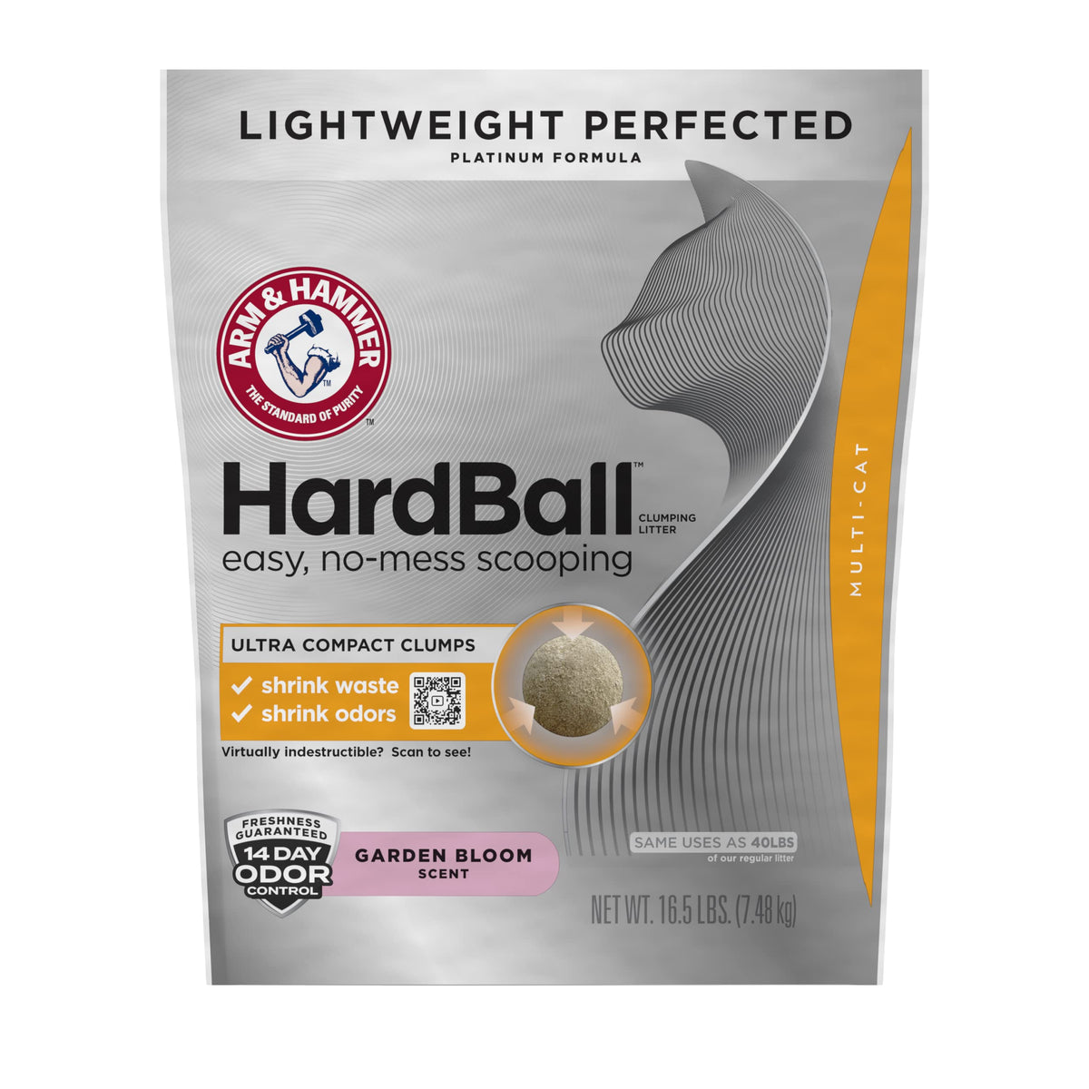 Arm & Hammer Hardball Lightweight Platinum Multi-Cat Easy, No-Mess Scooping, Clumping Cat Litter, 16.5Lb Bag, Garden Bloom Scent